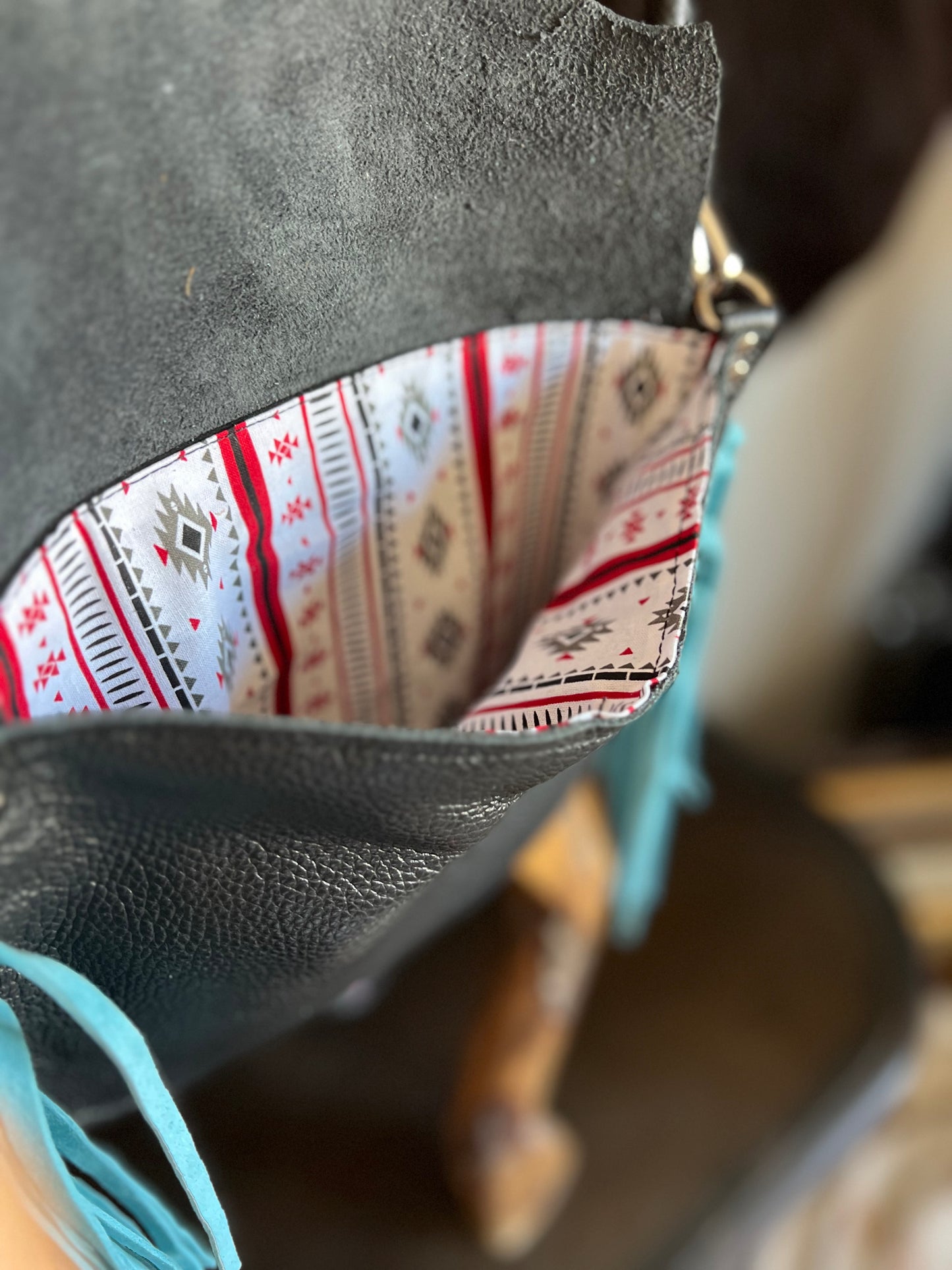 The Gunner Black Leather with Turquoise Fringe Handbag