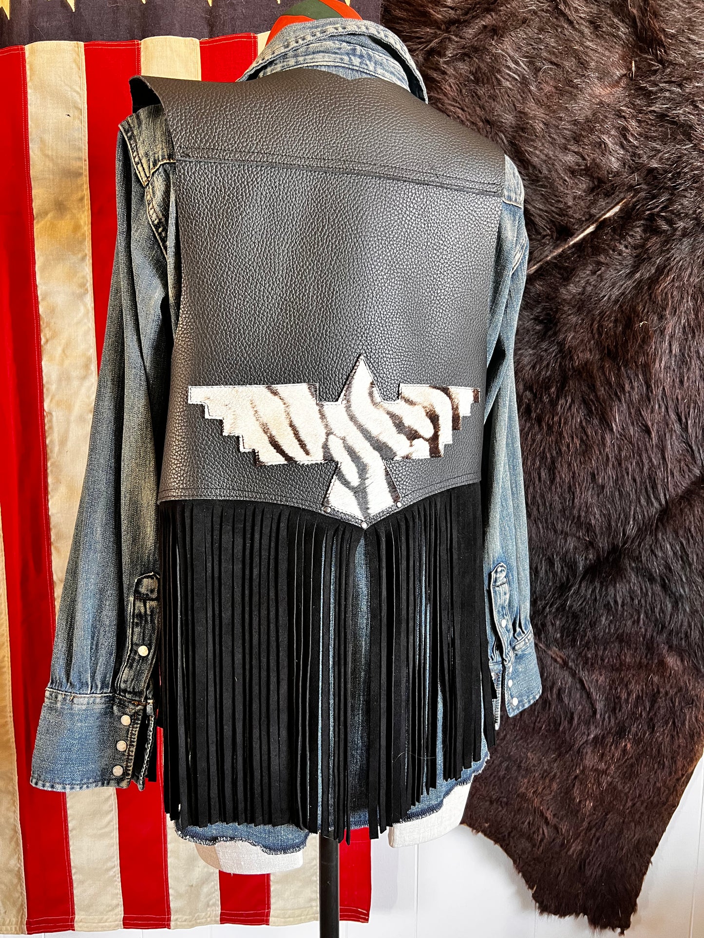 Dust Bowl Darling – Black Leather Vest with Cowhide Thunderbird & Fringe