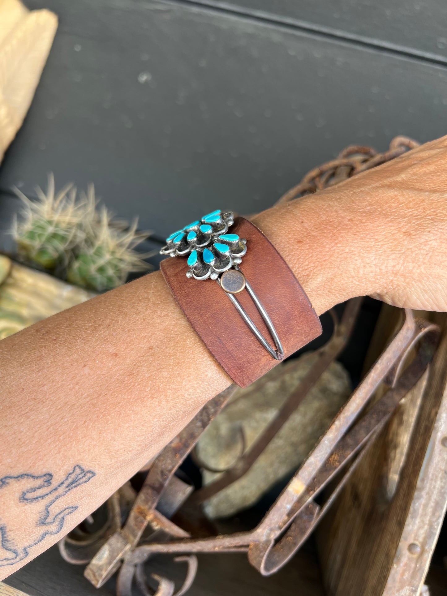 Dirty “Mojave Outlaw Cuffs” Vintage Navajo Zuni Turquoise Leather Bracelet