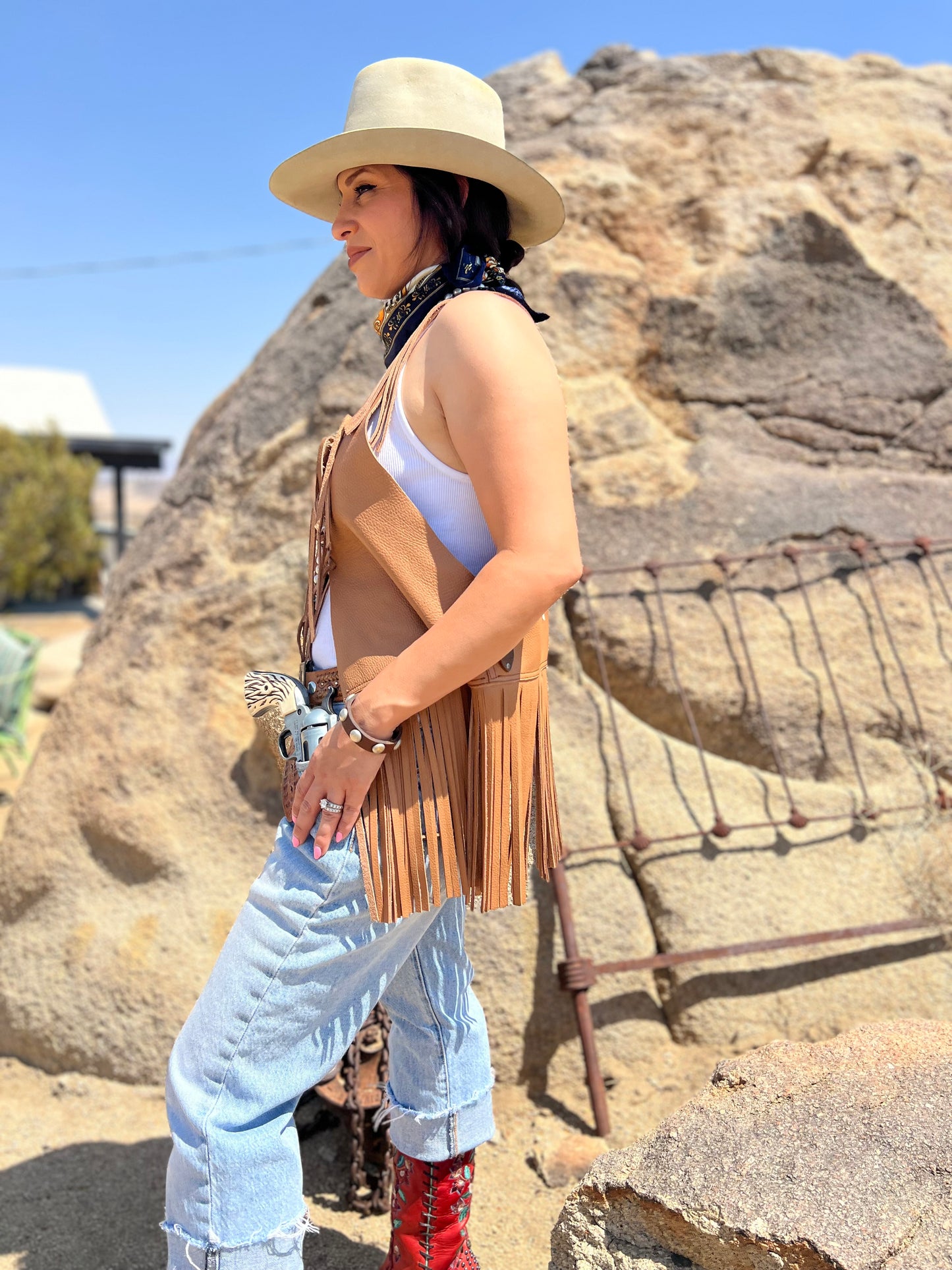Dust Bowl Darling – Tan Leather Vest with Cowhide Snake & Stars