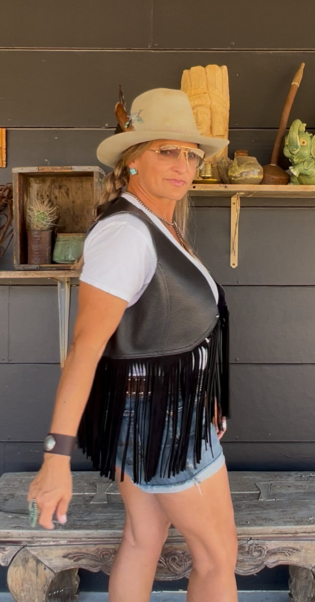 Dust Bowl Darling – Black Leather Vest with Cowhide Thunderbird & Fringe