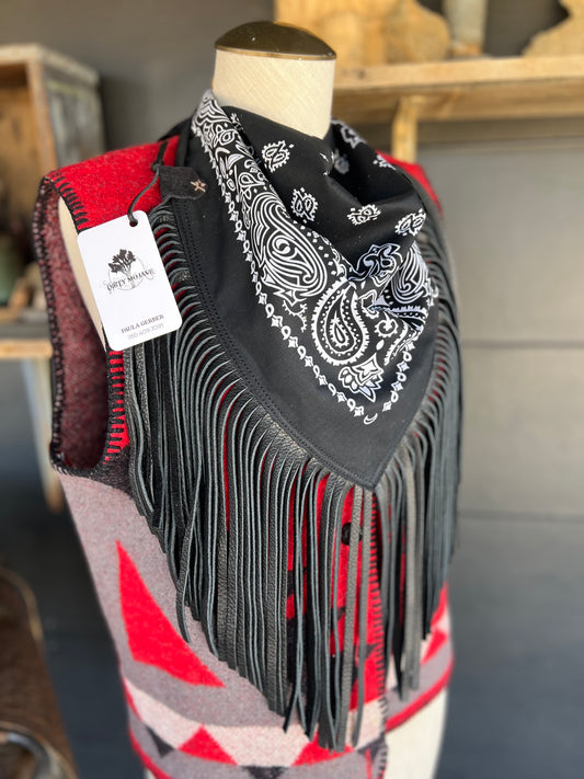Desert Dusted Black Paisley Bandana Leather Black Fringe Collar