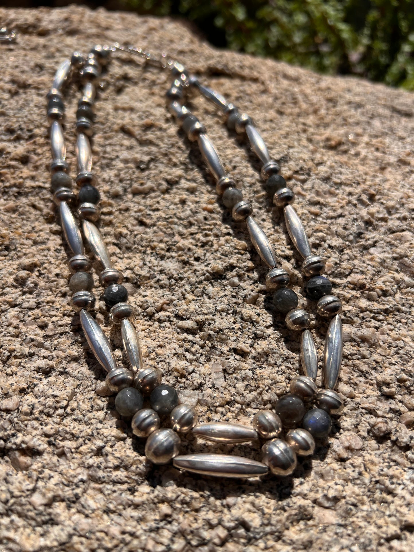 Navajo Vintage Double Strand Sterling Silver & Labradorite Necklace