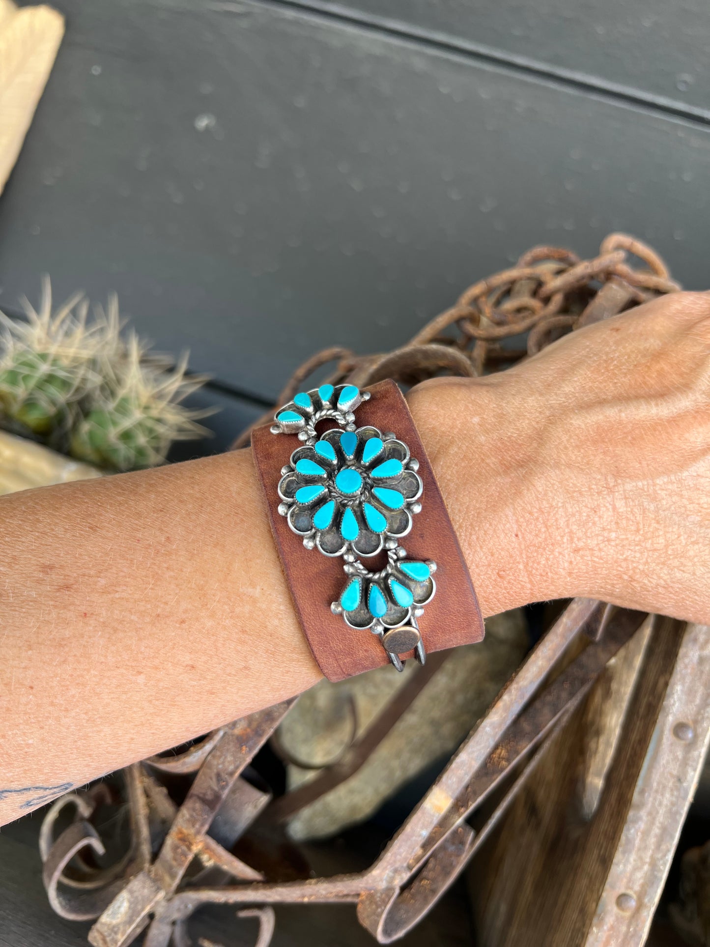 Dirty “Mojave Outlaw Cuffs” Vintage Navajo Zuni Turquoise Leather Bracelet
