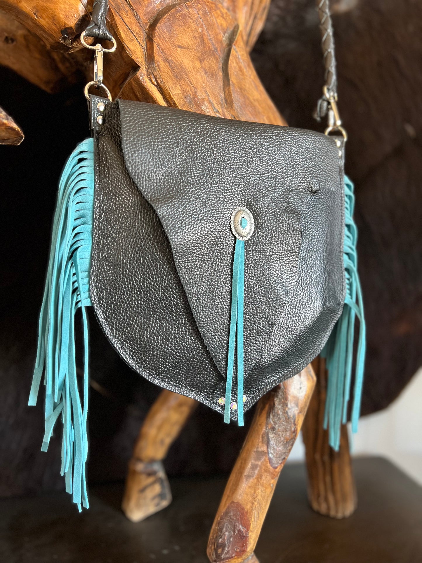 The Gunner Black Leather with Turquoise Fringe Handbag