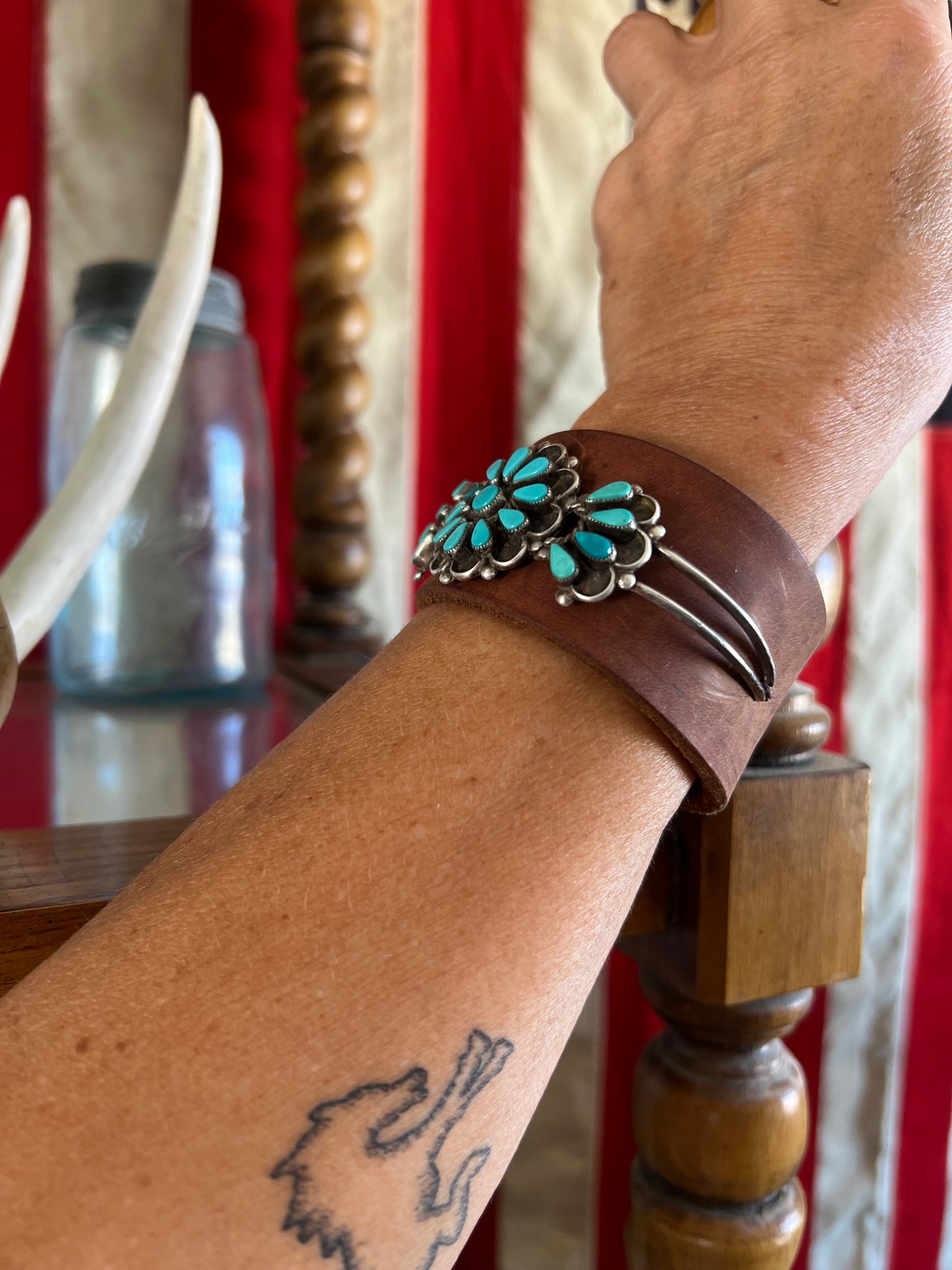 Dirty “Mojave Outlaw Cuffs” Vintage Navajo Zuni Turquoise Leather Bracelet