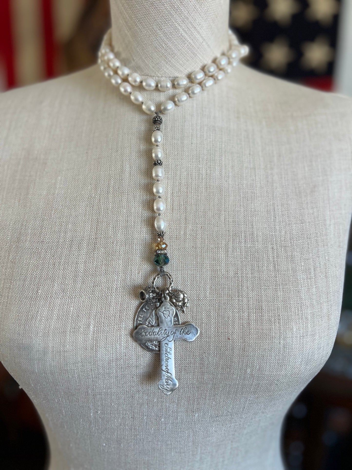 Vintage Reigious Relic Freshwater Pearl Rosary Nun Cross