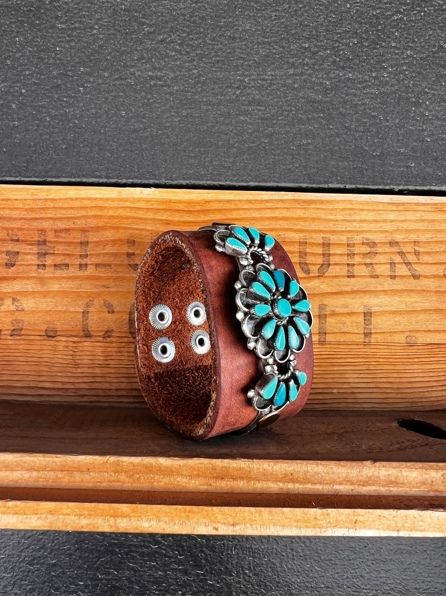 Leather Vintage Navajo Zuni Turquoise Cuff Bracelet