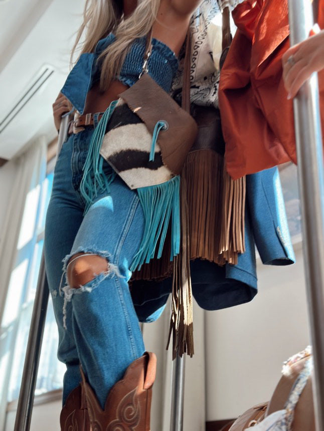 Zebra Hide Fanny Style with Turquoise Fringe Leather Envelope HandBag