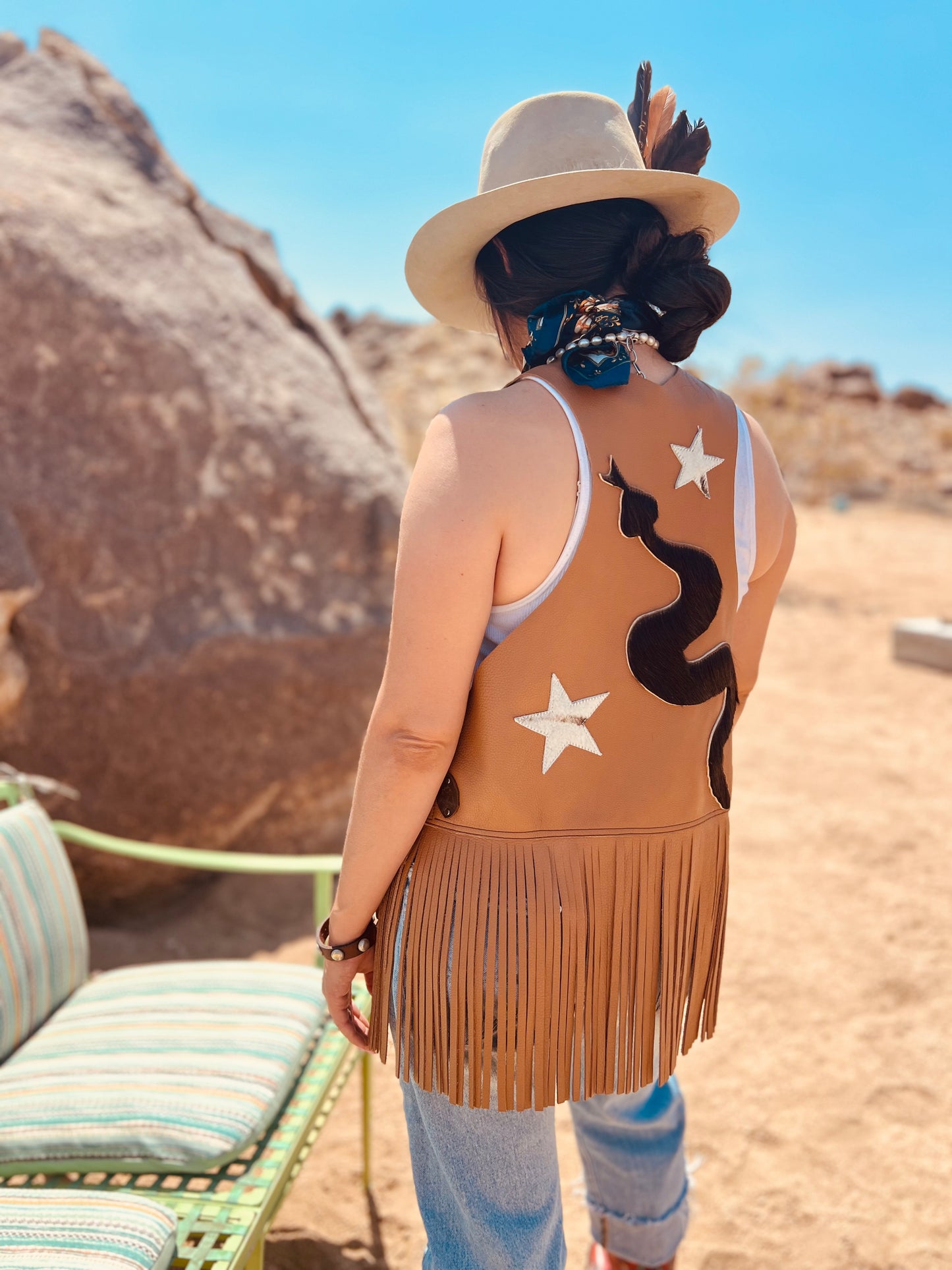 Dust Bowl Darling – Tan Leather Vest with Cowhide Snake & Stars