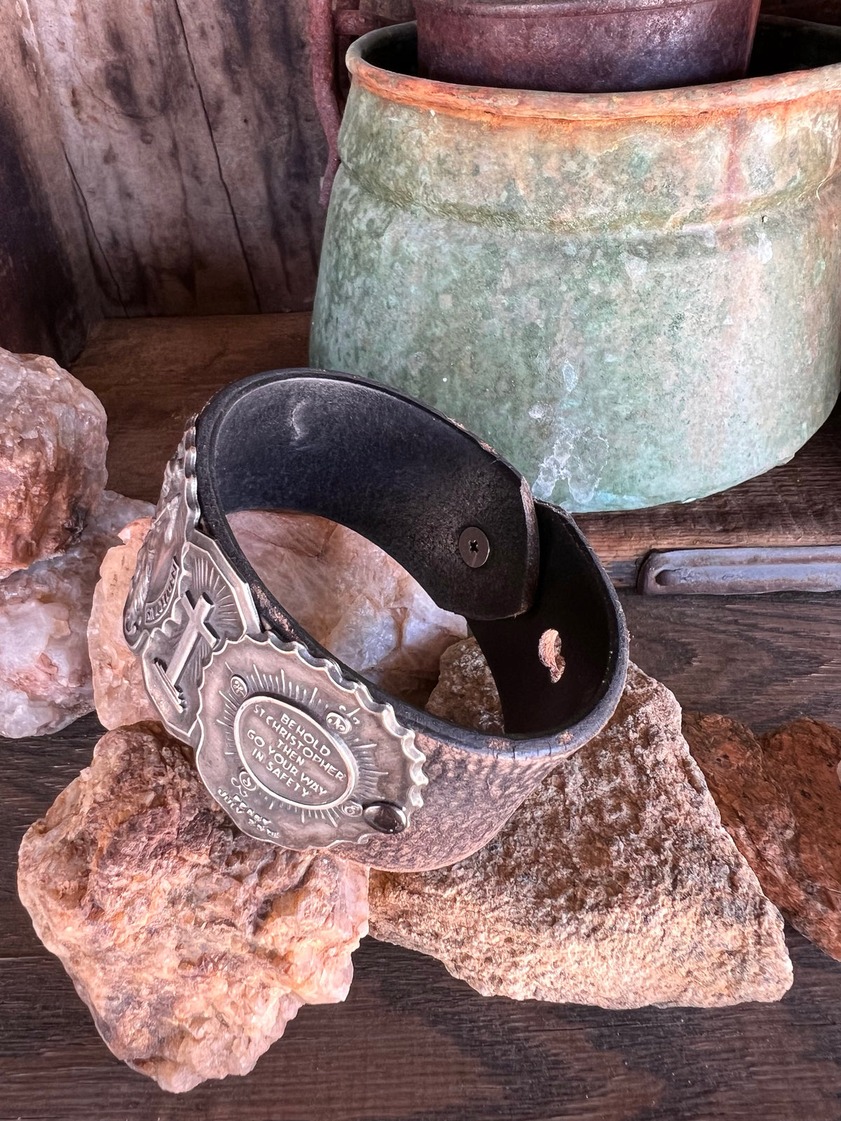 Dirty “Mojave Outlaw Cuffs” Vintage St Christopher Catholic Medal
