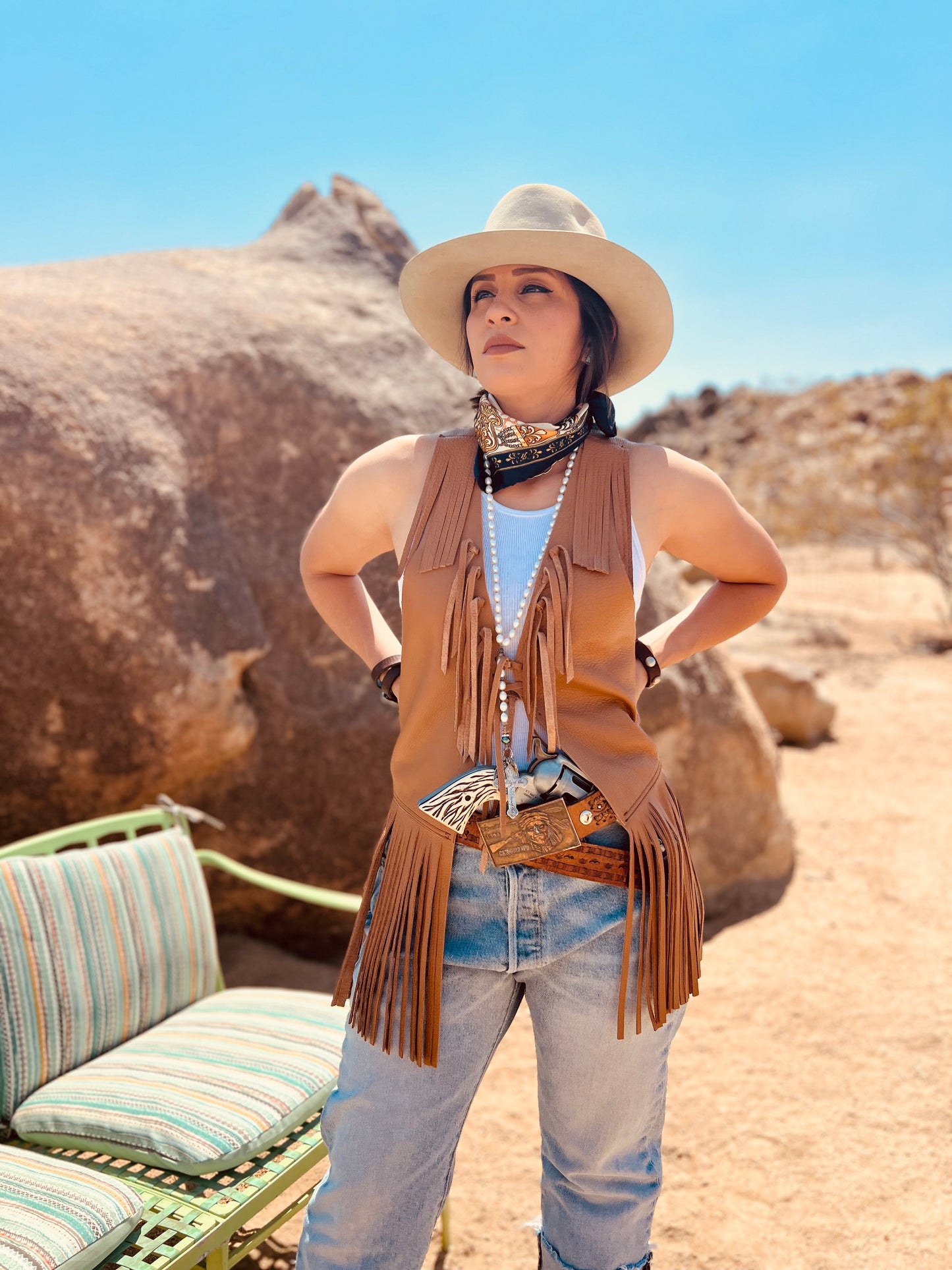 Dust Bowl Darling – Tan Leather Vest with Cowhide Snake & Stars