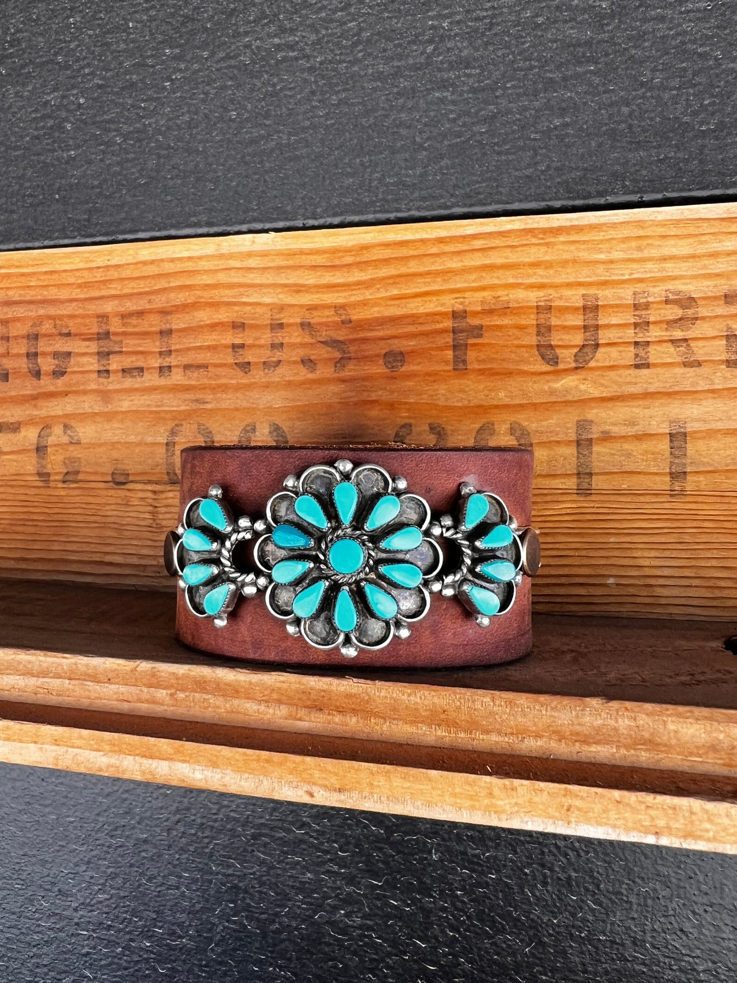 Leather Vintage Navajo Zuni Turquoise Cuff Bracelet