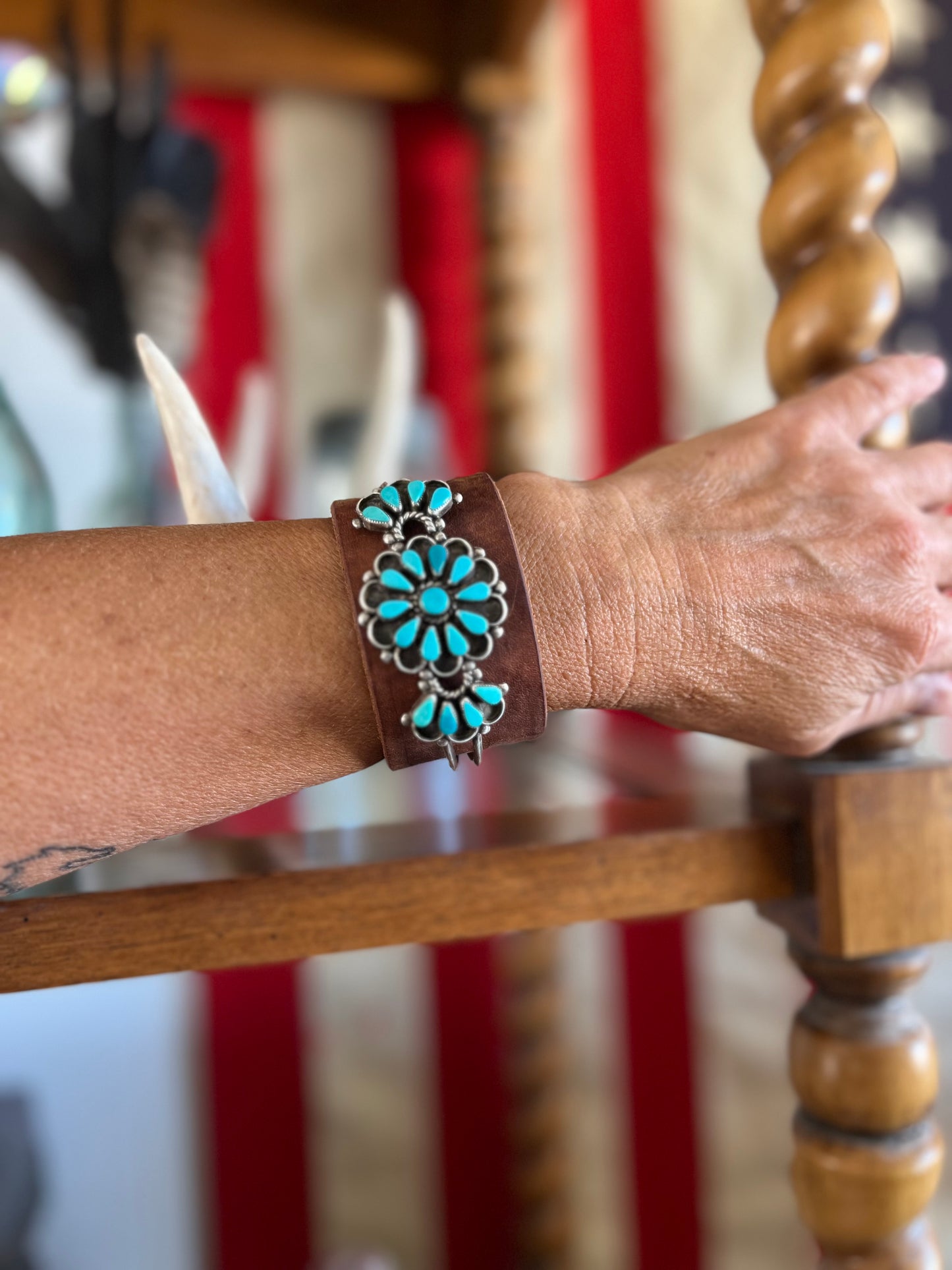 Leather Vintage Navajo Zuni Turquoise Cuff Bracelet