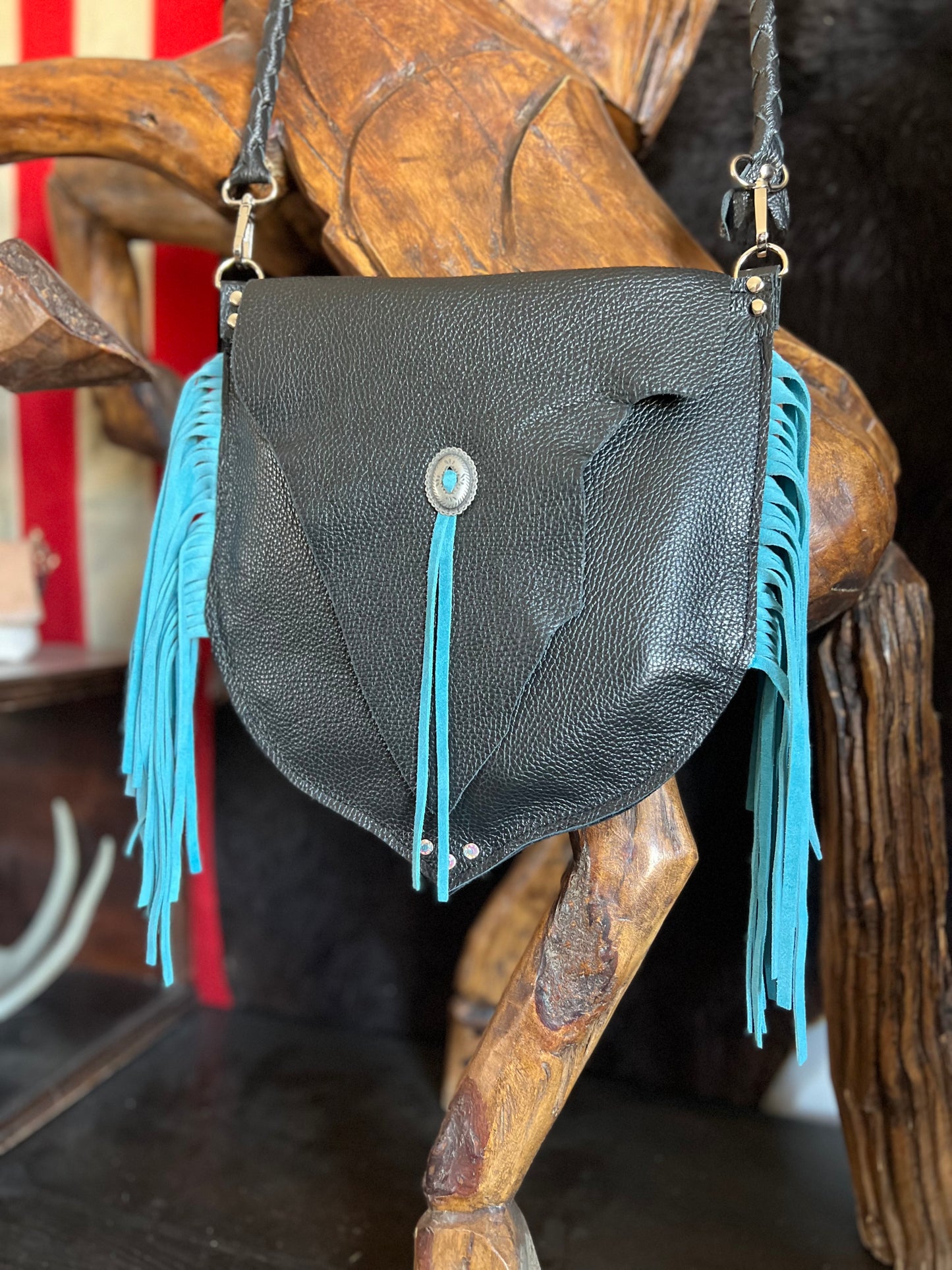 The Gunner Black Leather with Turquoise Fringe Handbag