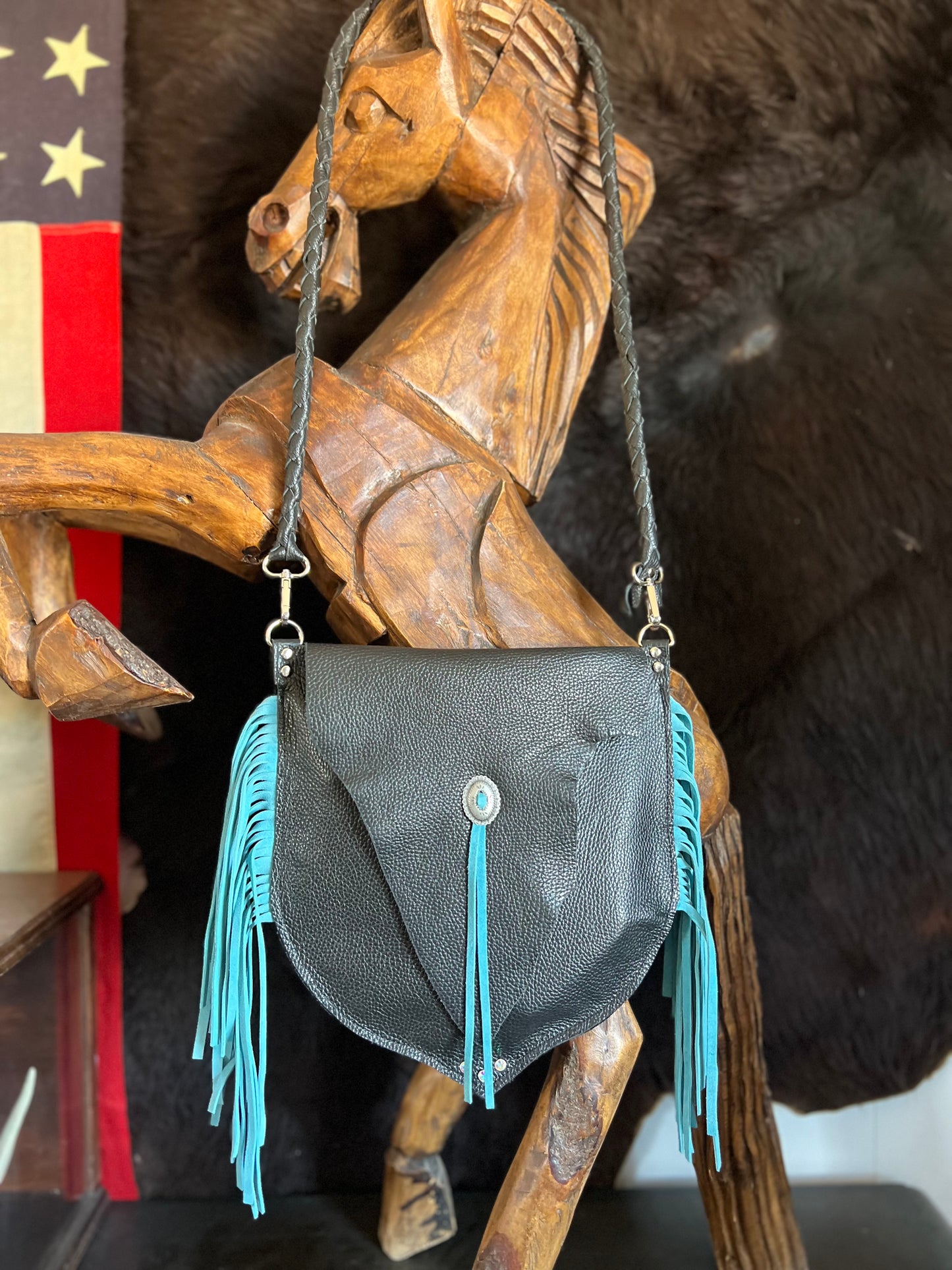 The Gunner Black Leather with Turquoise Fringe Handbag