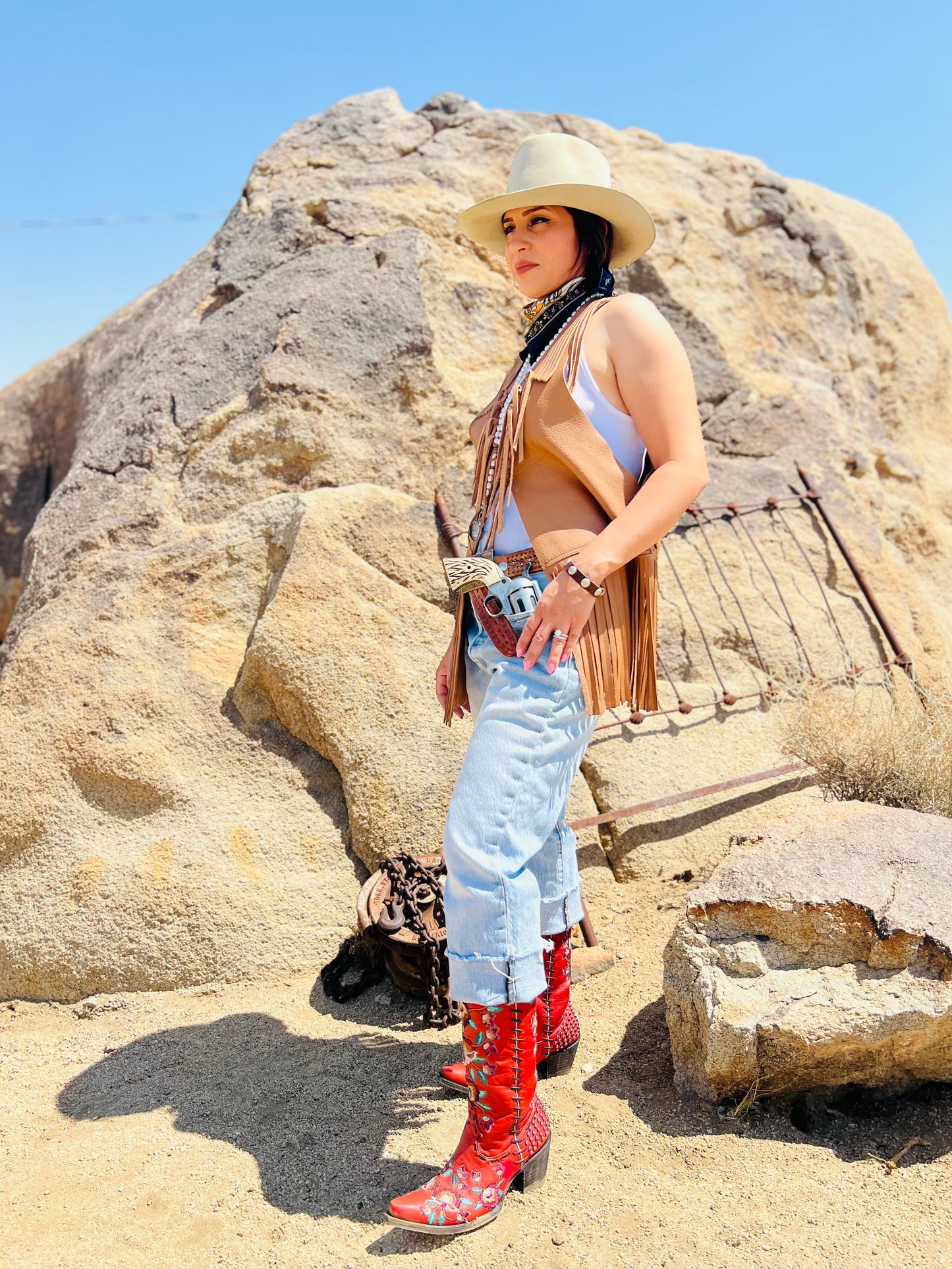 Dust Bowl Darling – Tan Leather Vest with Cowhide Snake & Stars