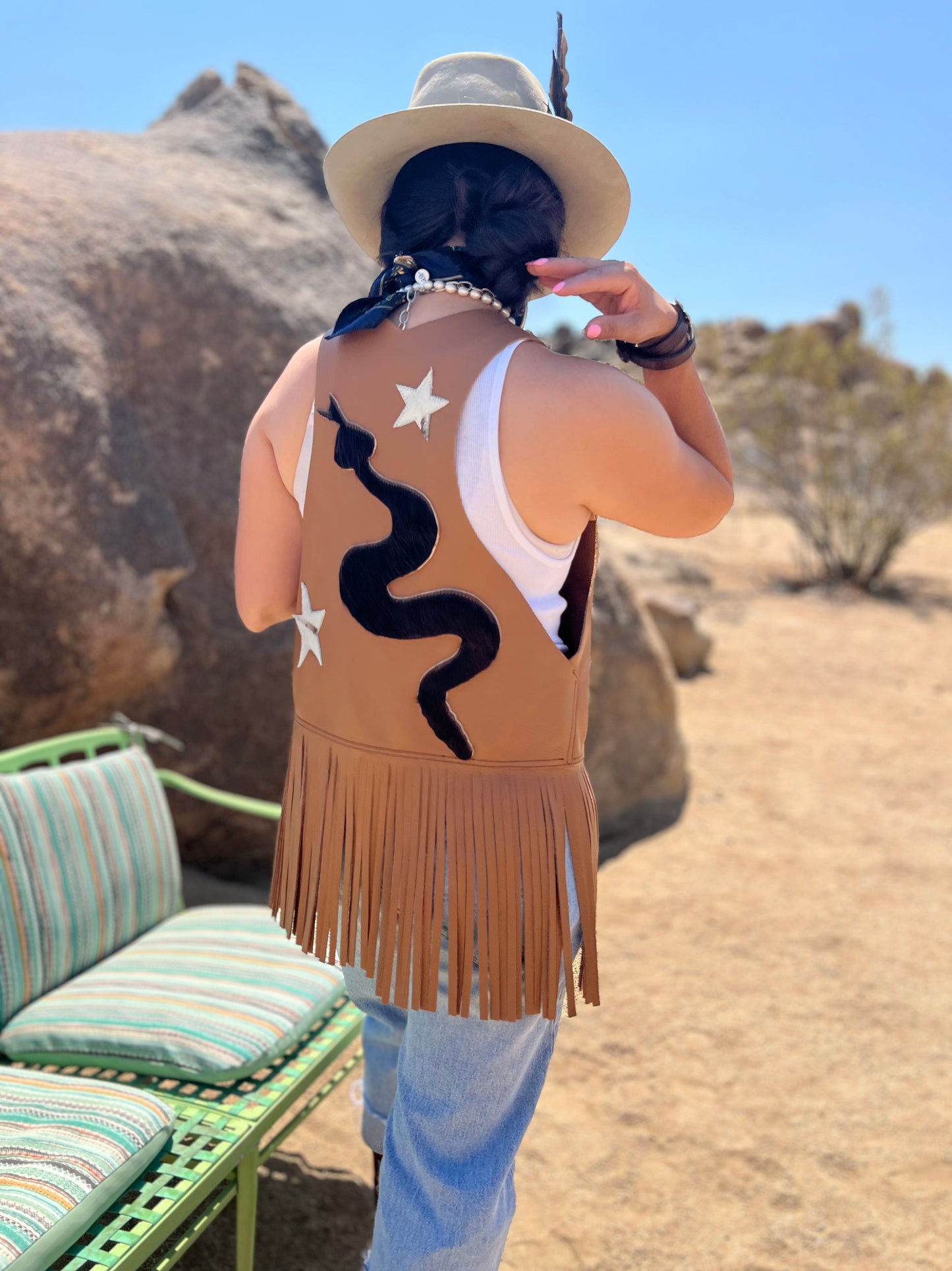 Dust Bowl Darling – Tan Leather Vest with Cowhide Snake & Stars