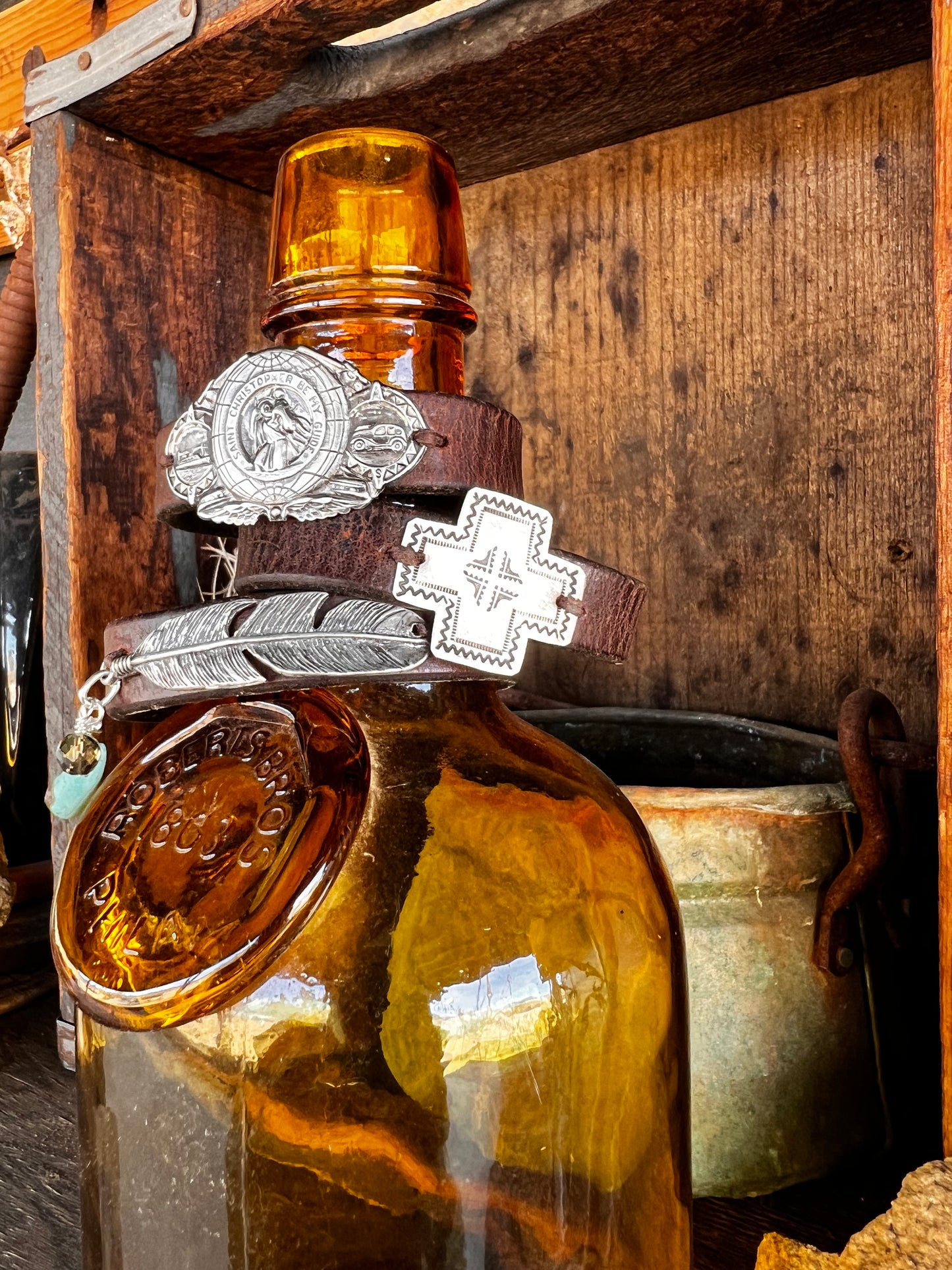 Reclaimed Leather Tack St Christopher Concho Cuff Bracelet