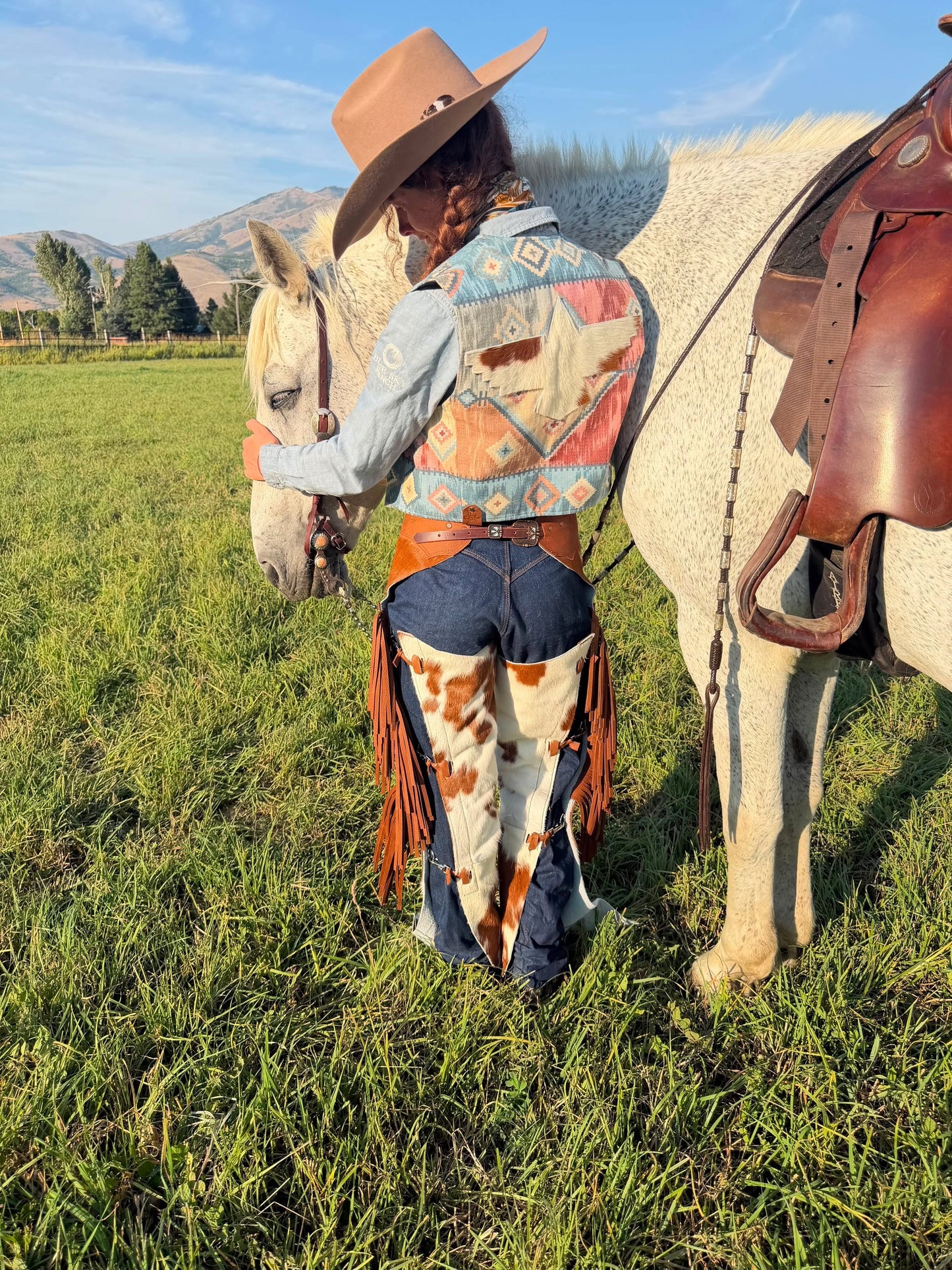 The Prairie Chaps — Spotted Cowhide Fringed Leather Chaps