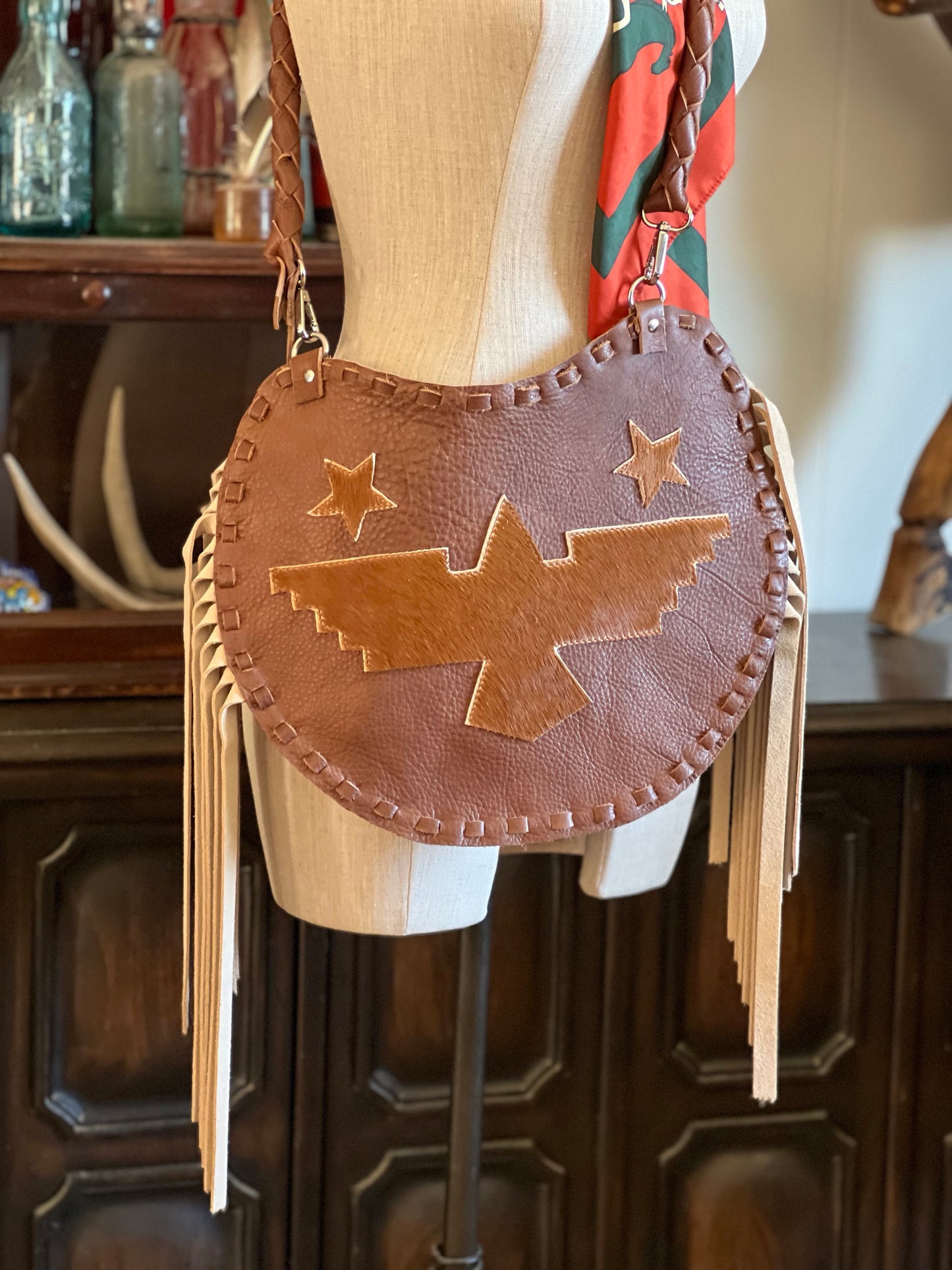 The High Plains Thunderbird Rider Moon Bag Standard - Leather, Fringe & Stars
