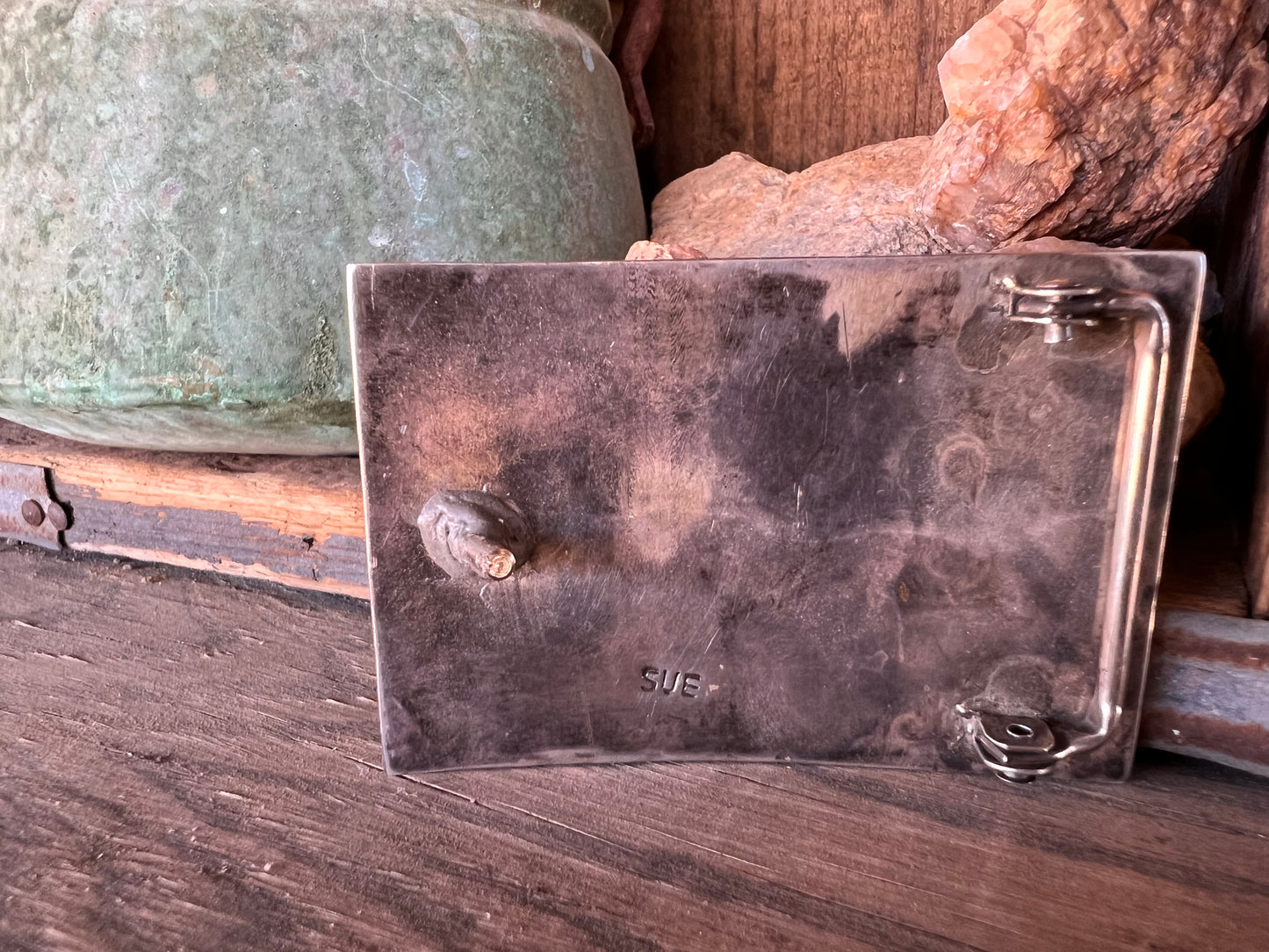 “Vintage Sterling Silver Southwestern Inlay Belt Buckle Signed SUE”