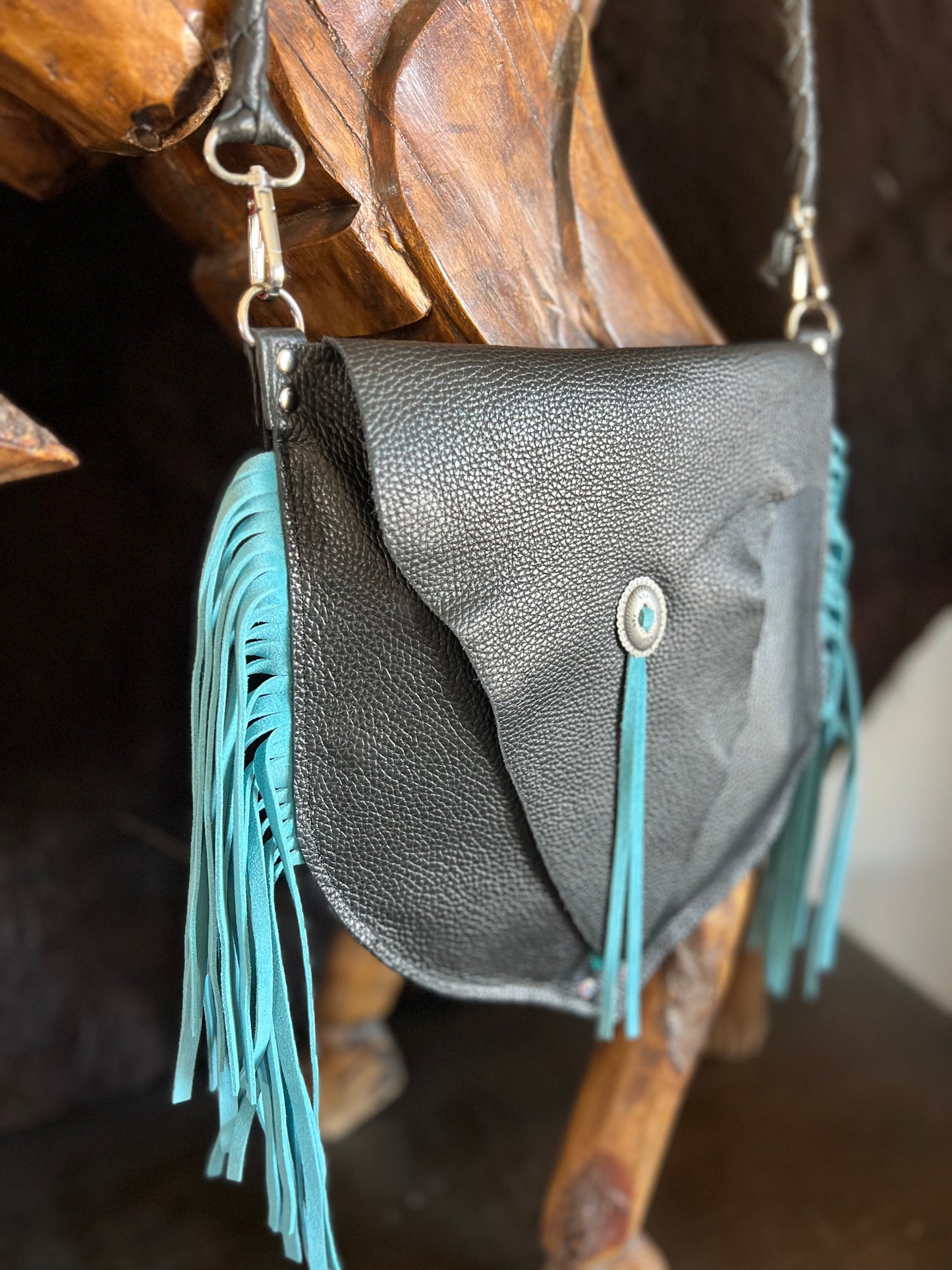 The Gunner Black Leather with Turquoise Fringe Handbag