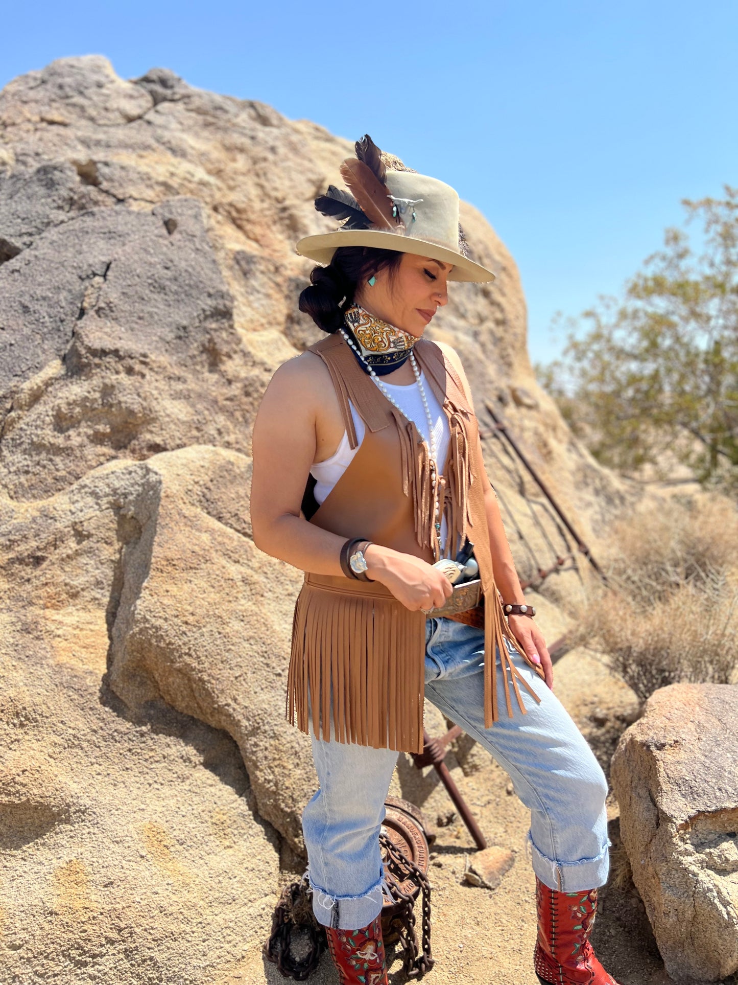 Dust Bowl Darling – Tan Leather Vest with Cowhide Snake & Stars