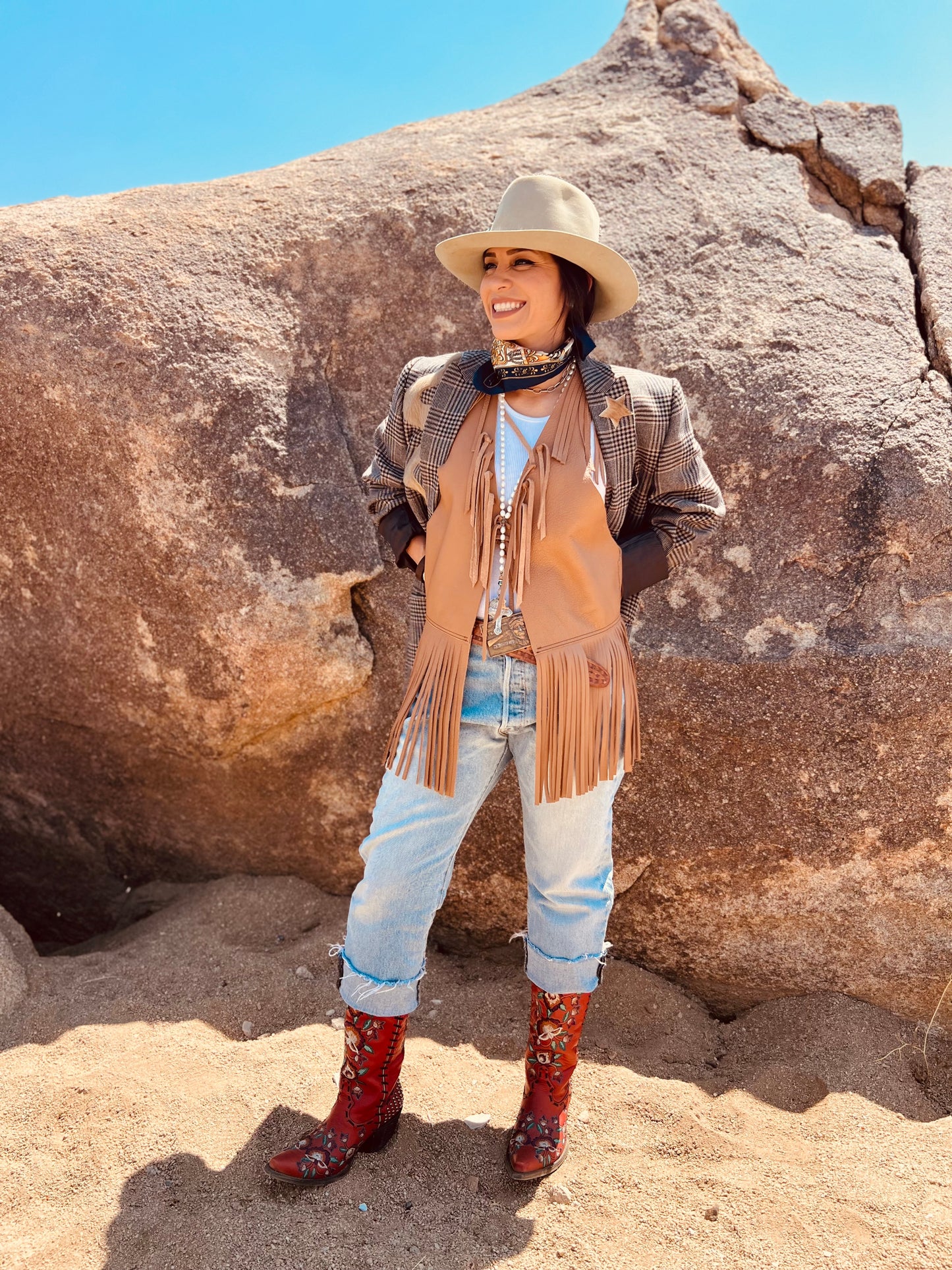 Dust Bowl Darling – Tan Leather Vest with Cowhide Snake & Stars