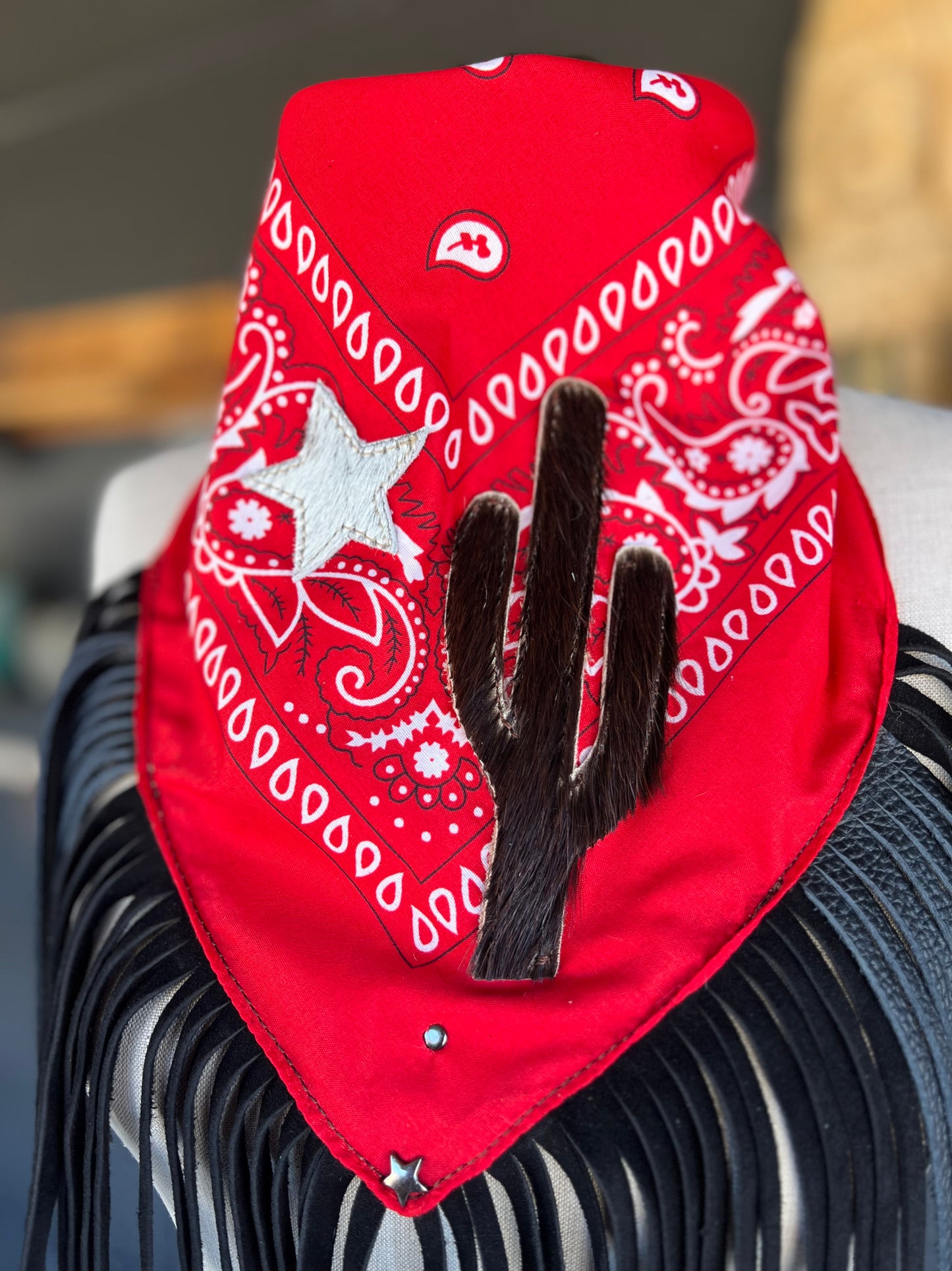 Desert Dusted Bandana Leather Fringe Collar Cactus and Star