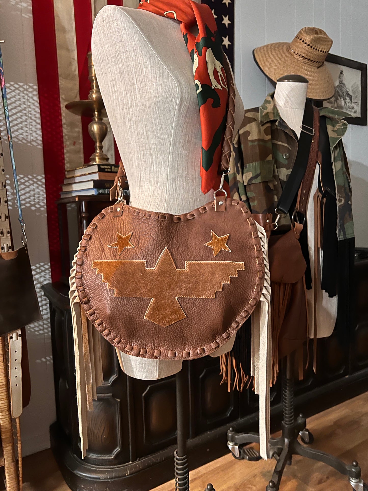 The High Plains Thunderbird Rider Moon Bag - Leather, Fringe & Stars