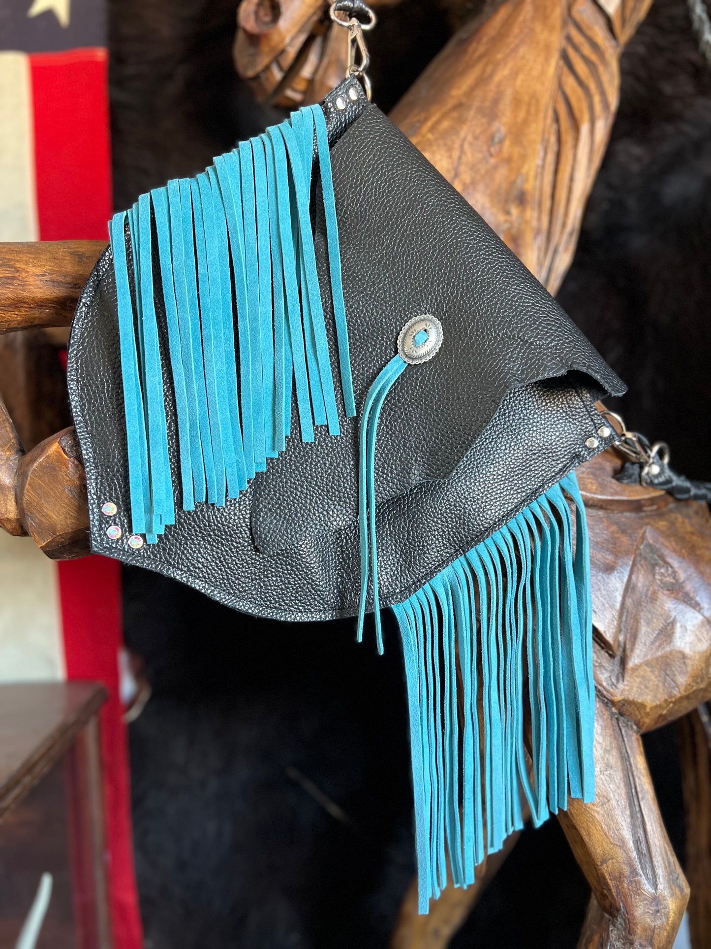 The Gunner Black Leather with Turquoise Fringe Handbag