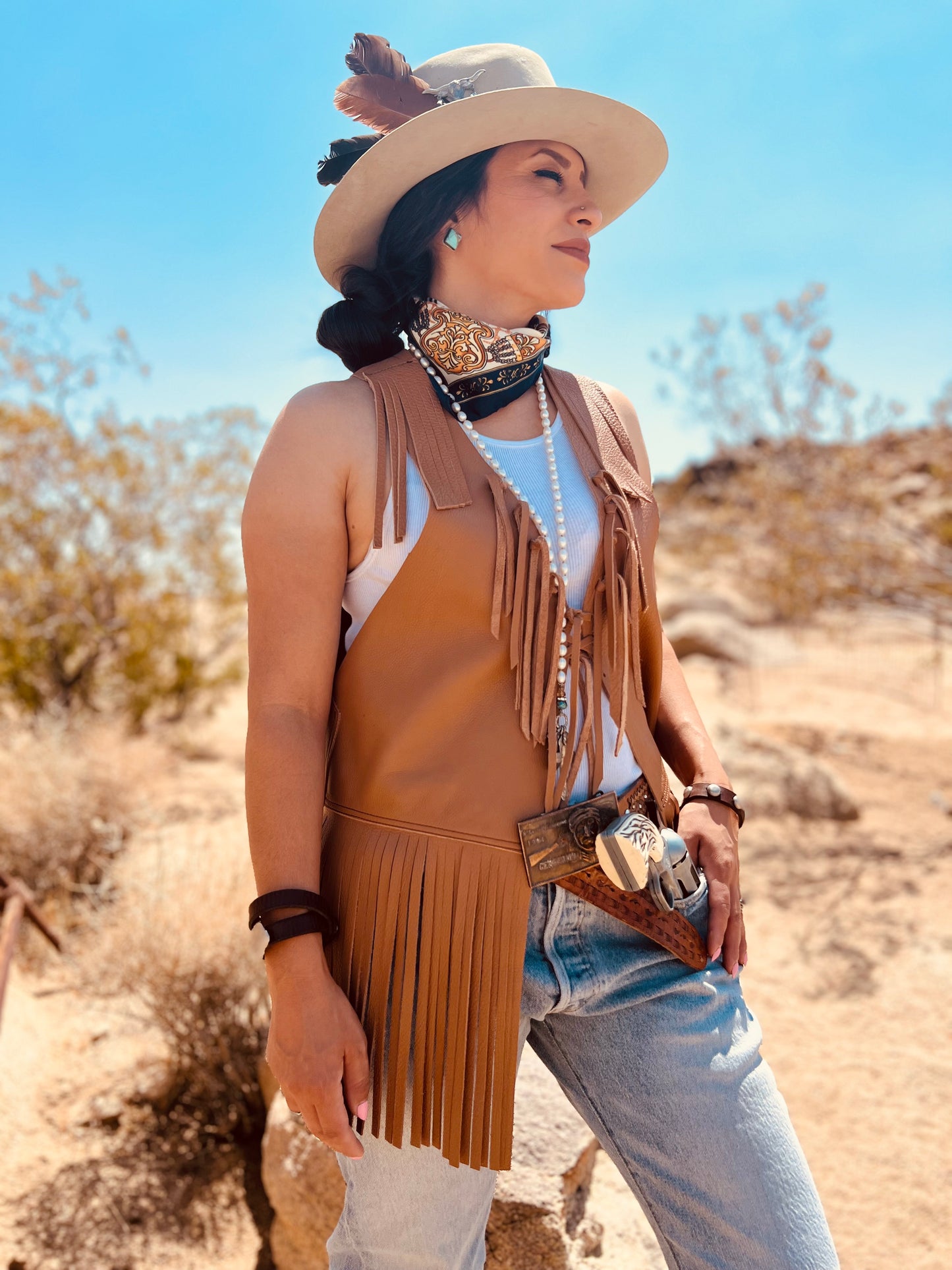 Dust Bowl Darling – Tan Leather Vest with Cowhide Snake & Stars