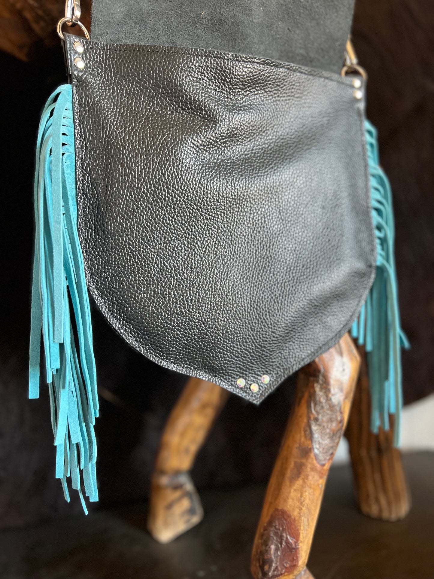 The Gunner Black Leather with Turquoise Fringe Handbag