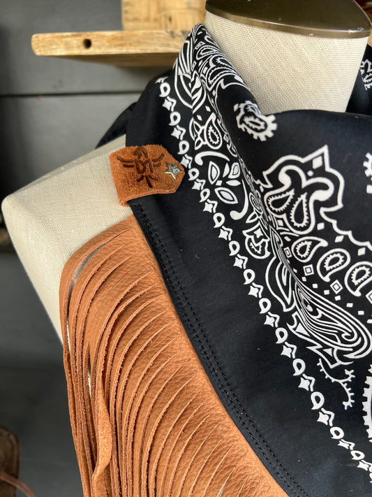 Desert Dusted Black Paisley Bandana Leather Brown Fringe Collar