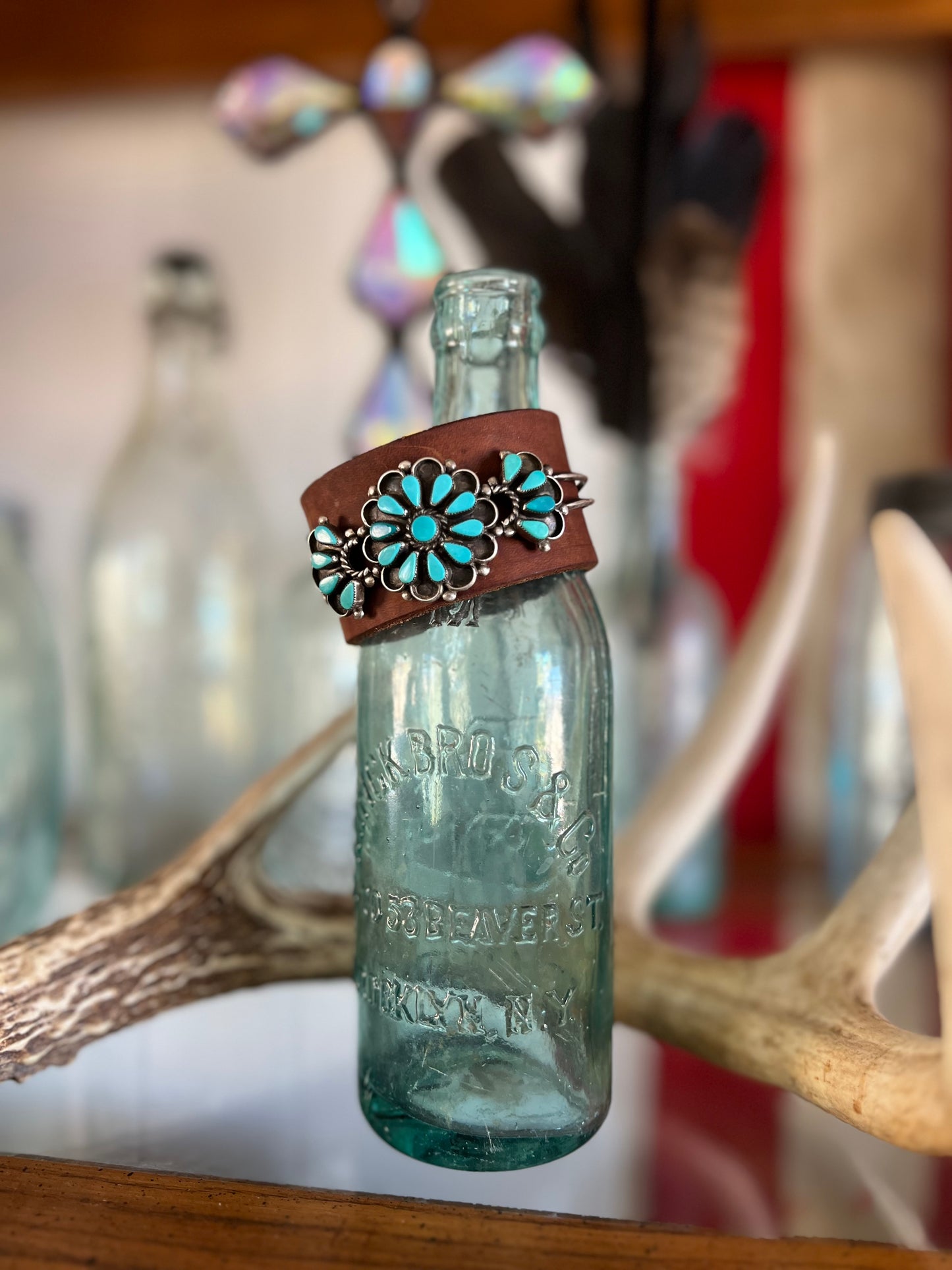 Leather Vintage Navajo Zuni Turquoise Cuff Bracelet