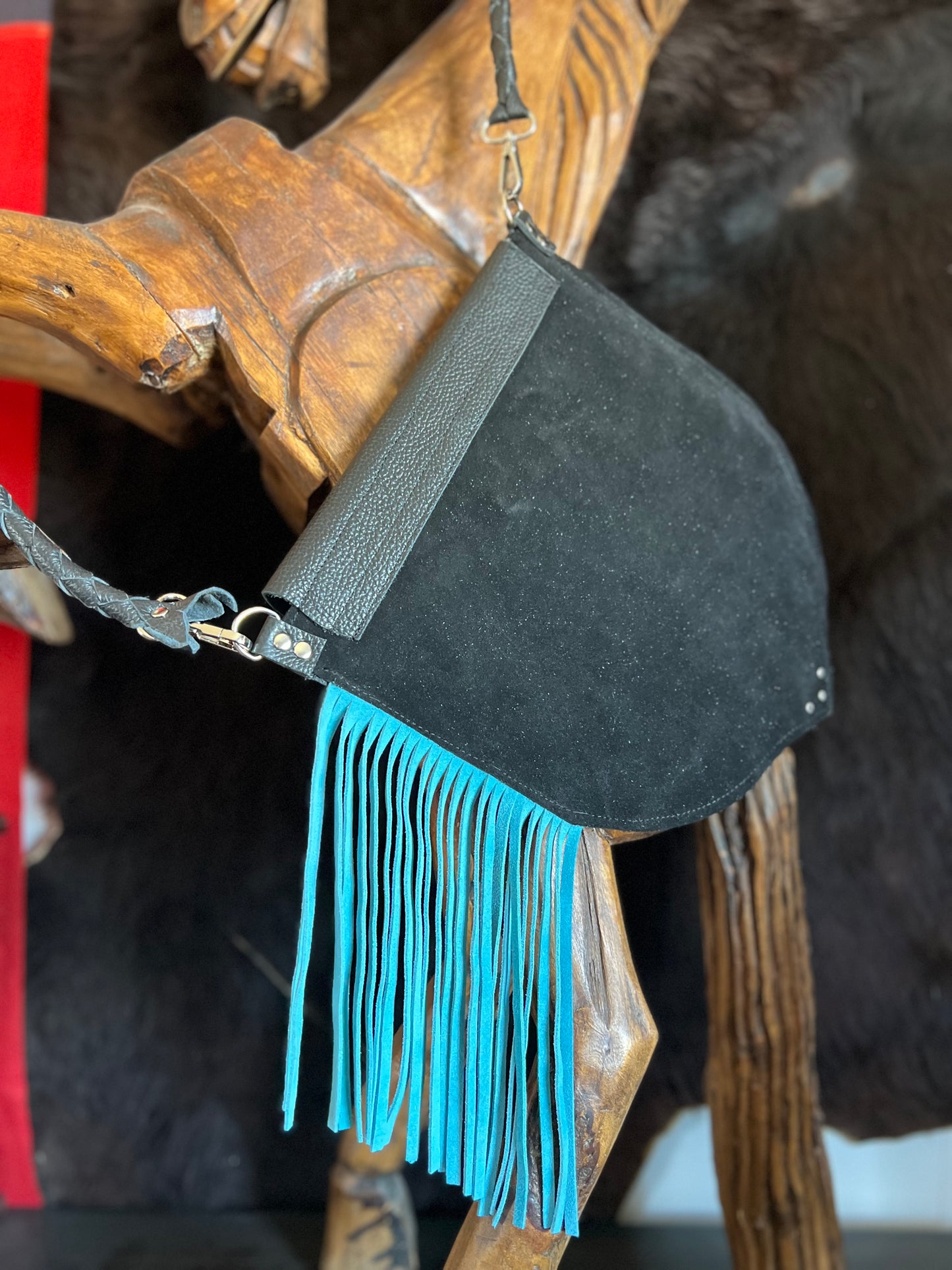 The Gunner Black Leather with Turquoise Fringe Handbag