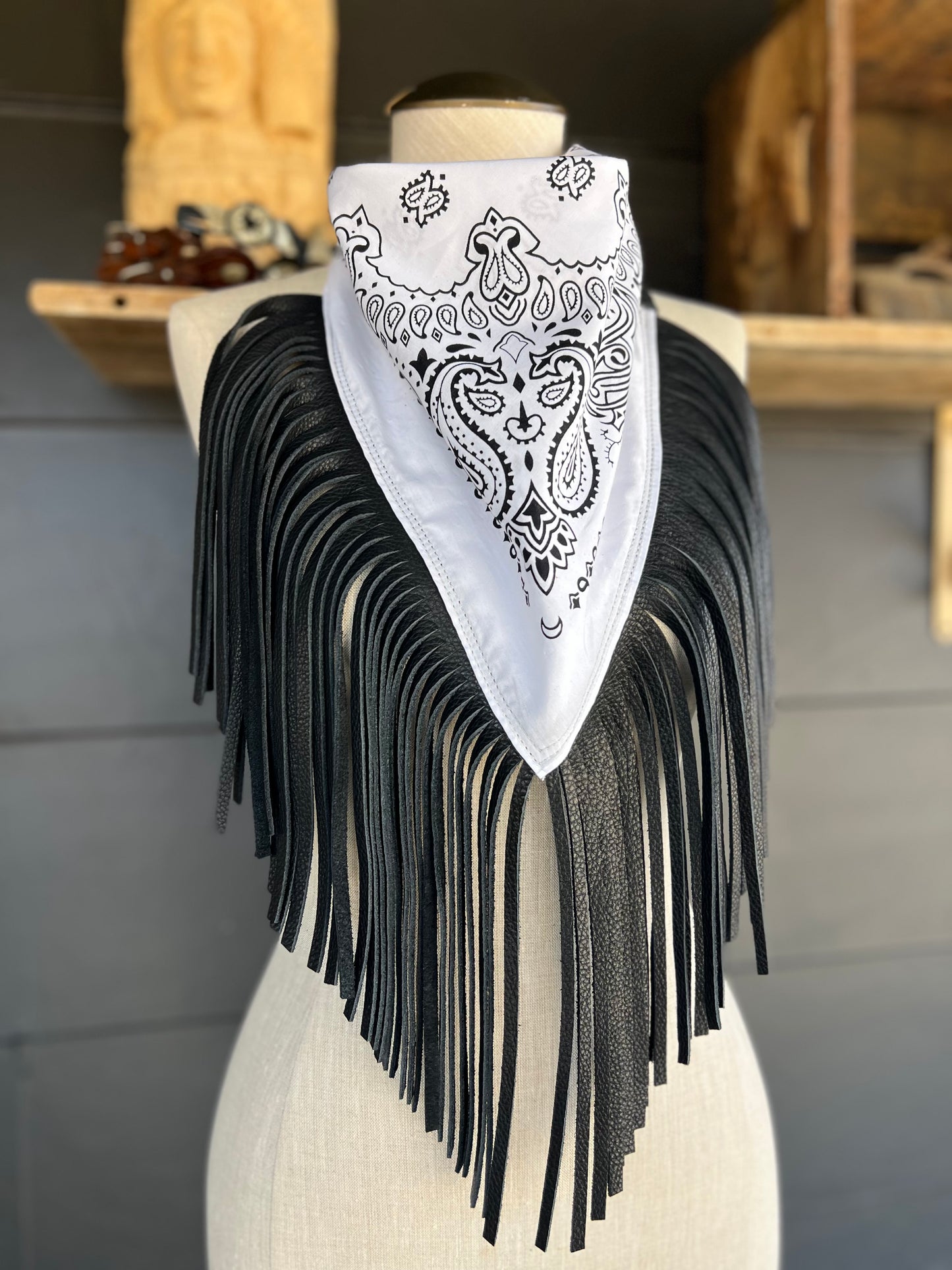 Desert Dusted Paisly Bandana Leather Black Fringe Collar
