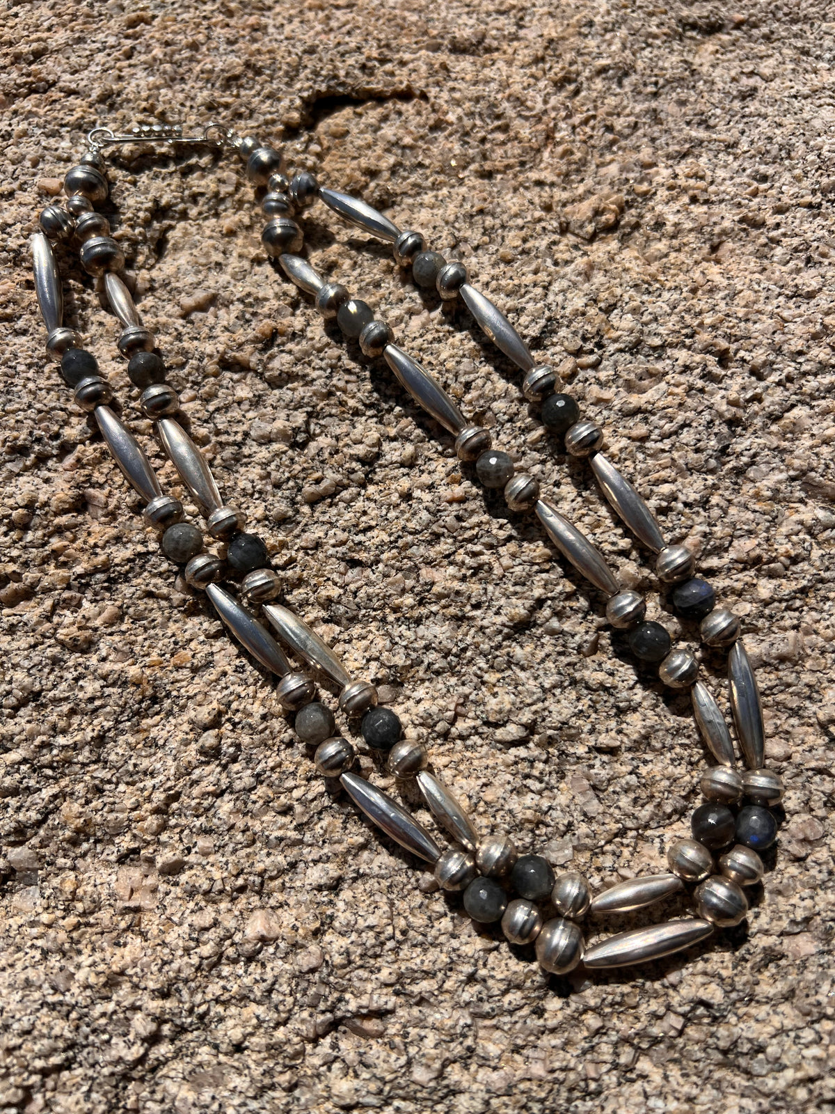 Navajo Vintage Double Strand Sterling Silver & Labradorite Necklace
