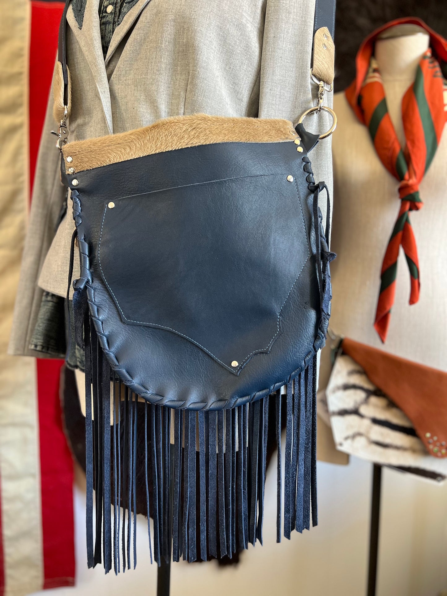 Leather Fringe Crossbody the “WILLA” Navy Blue Handbag