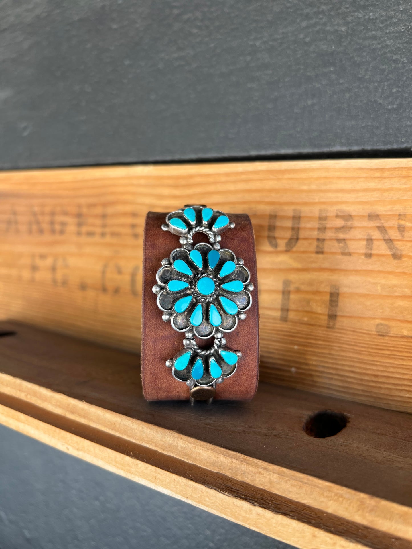 Leather Vintage Navajo Zuni Turquoise Cuff Bracelet