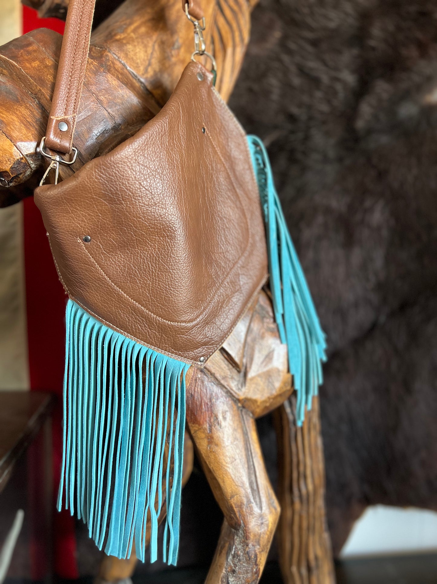 Zebra Hide Fanny Style with Turquoise Fringe Leather Envelope HandBag