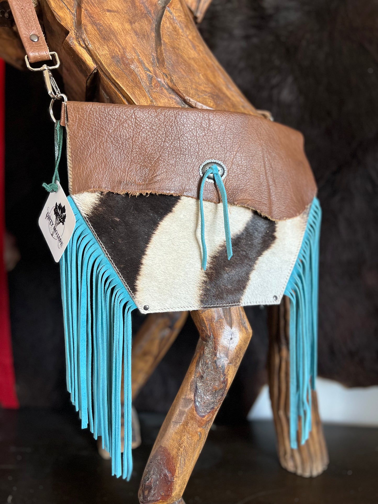Zebra Hide Fanny Style with Turquoise Fringe Leather Envelope HandBag