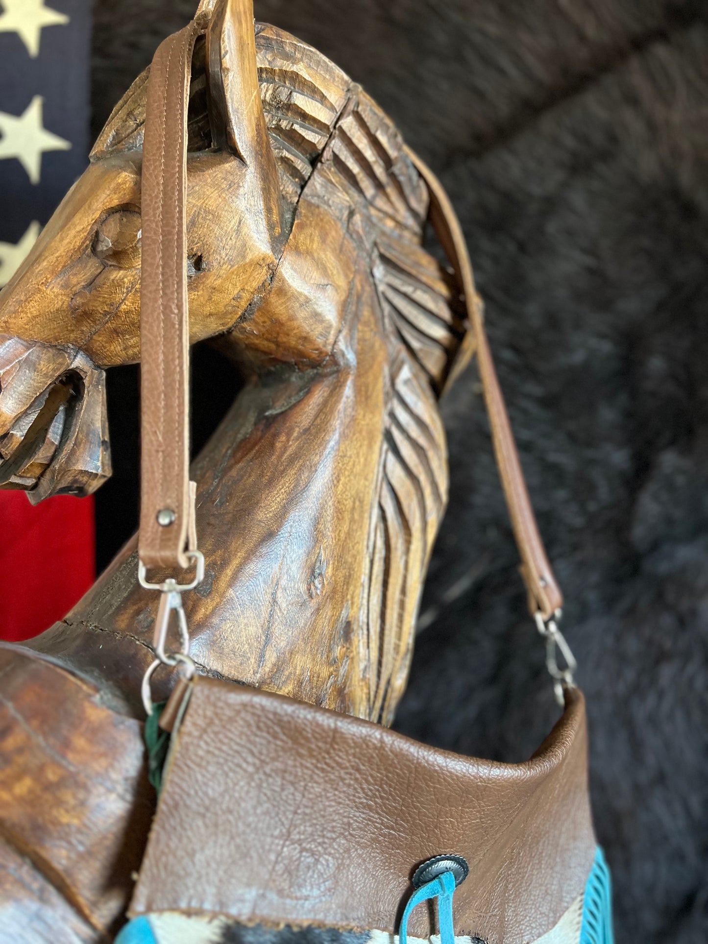 Zebra Hide Fanny Style with Turquoise Fringe Leather Envelope HandBag