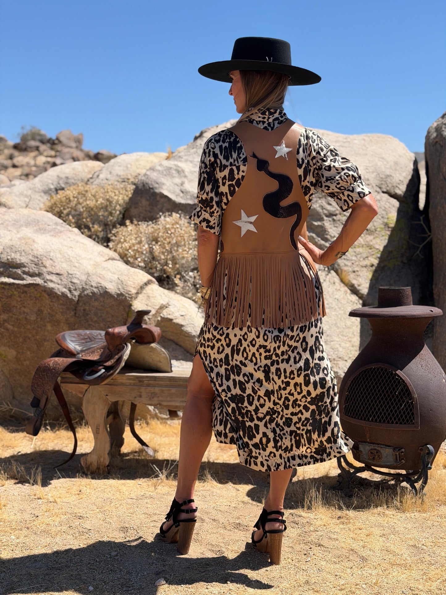 Dust Bowl Darling – Tan Leather Vest with Cowhide Snake & Stars