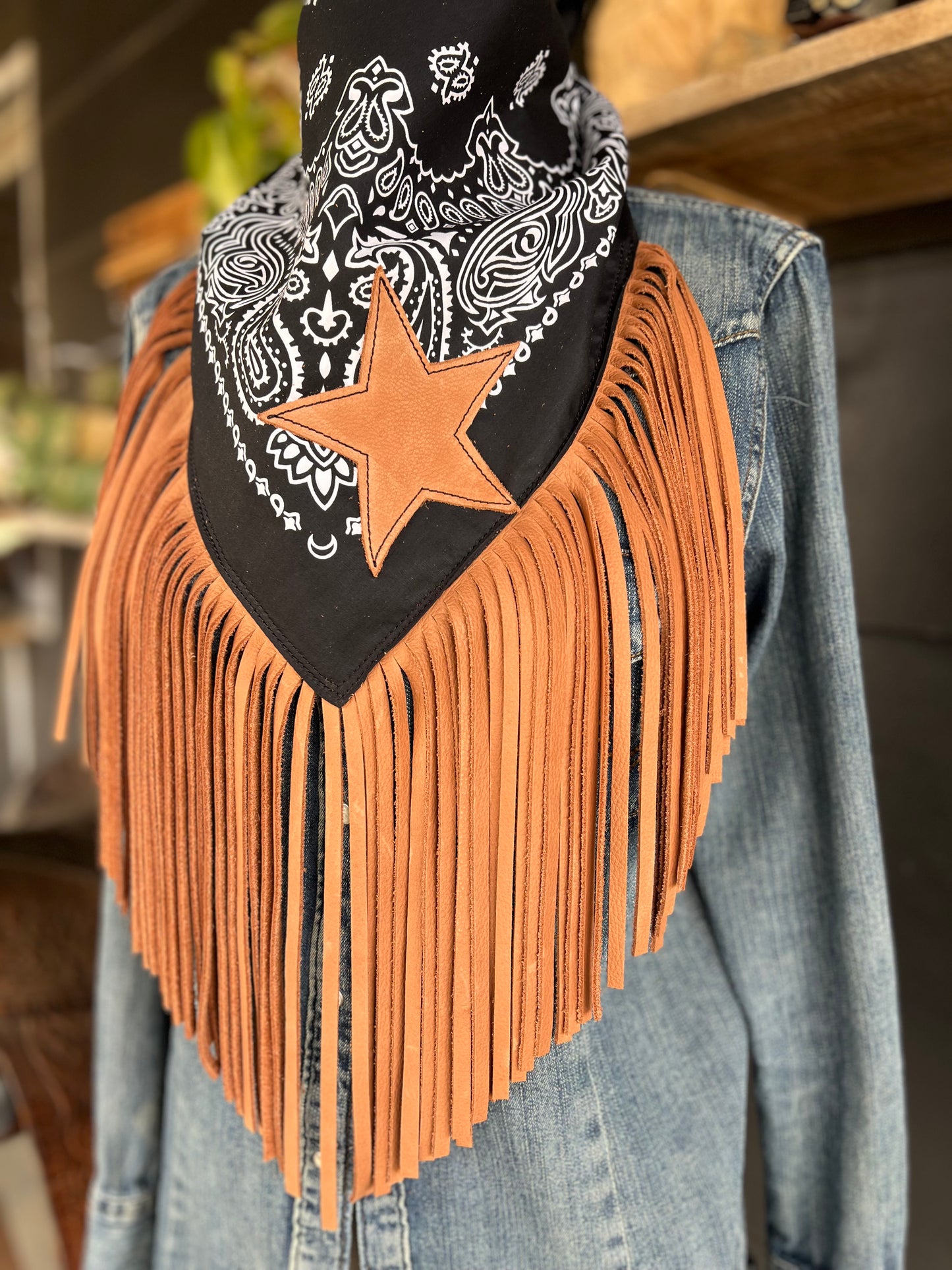 Desert Dusted Paisley Bandana Leather Brown Fringe Star Collar