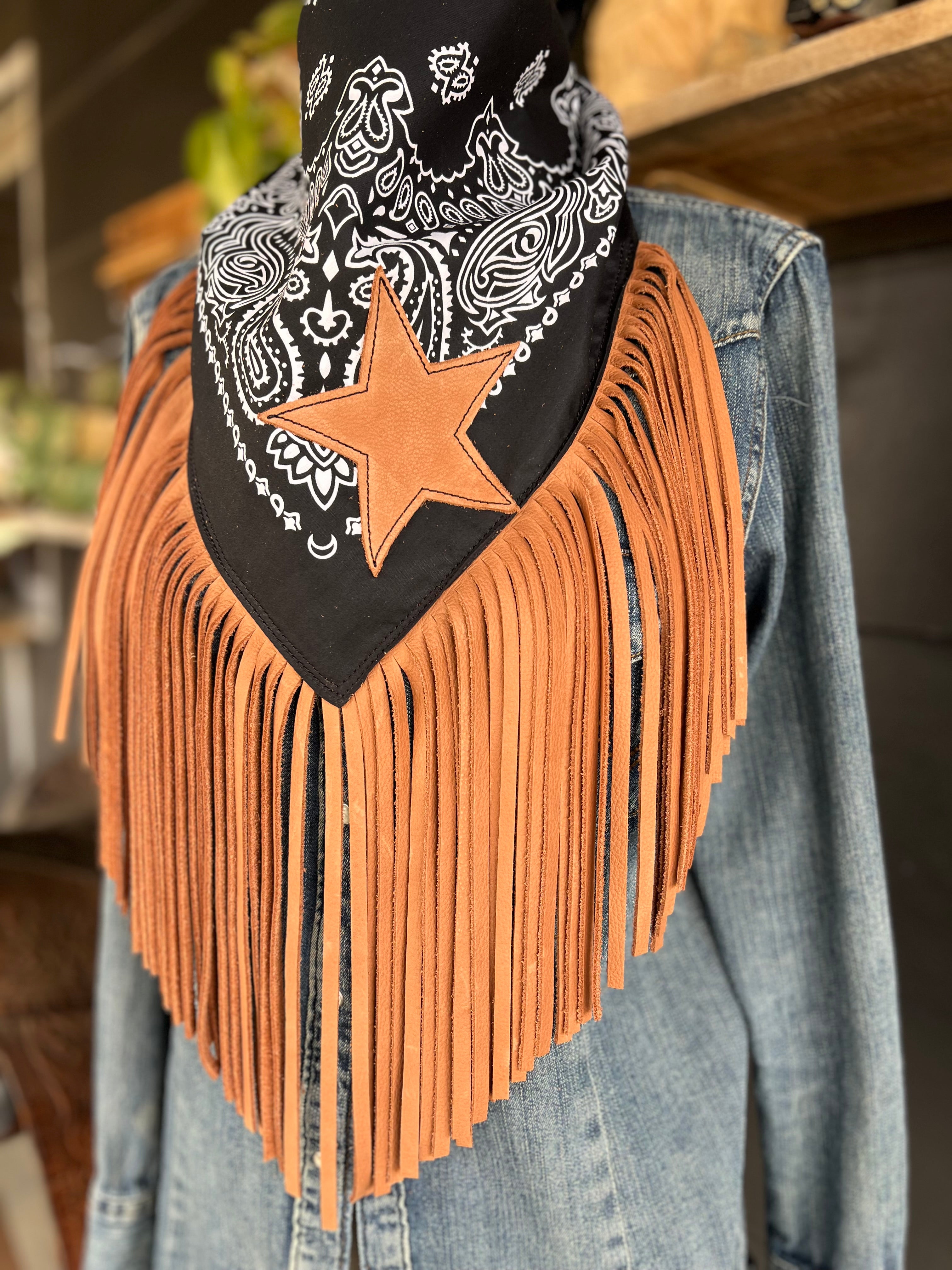 Desert Dusted Paisley Bandana Leather Brown Fringe Star Collar