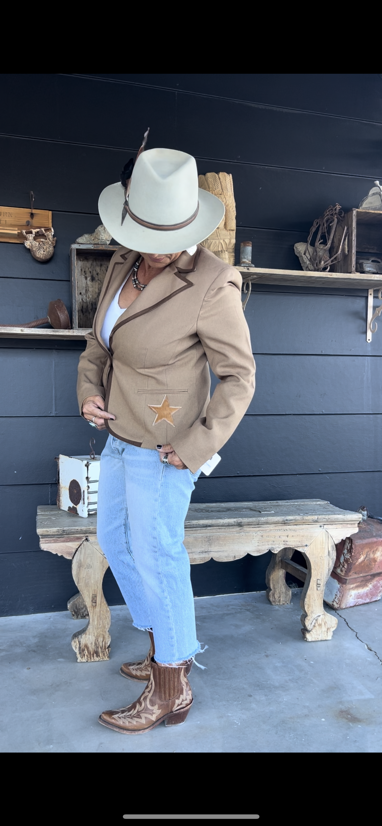 Tan Western I.E. Brand “DESERT BLAZER” with Ornate Leather Patchwork