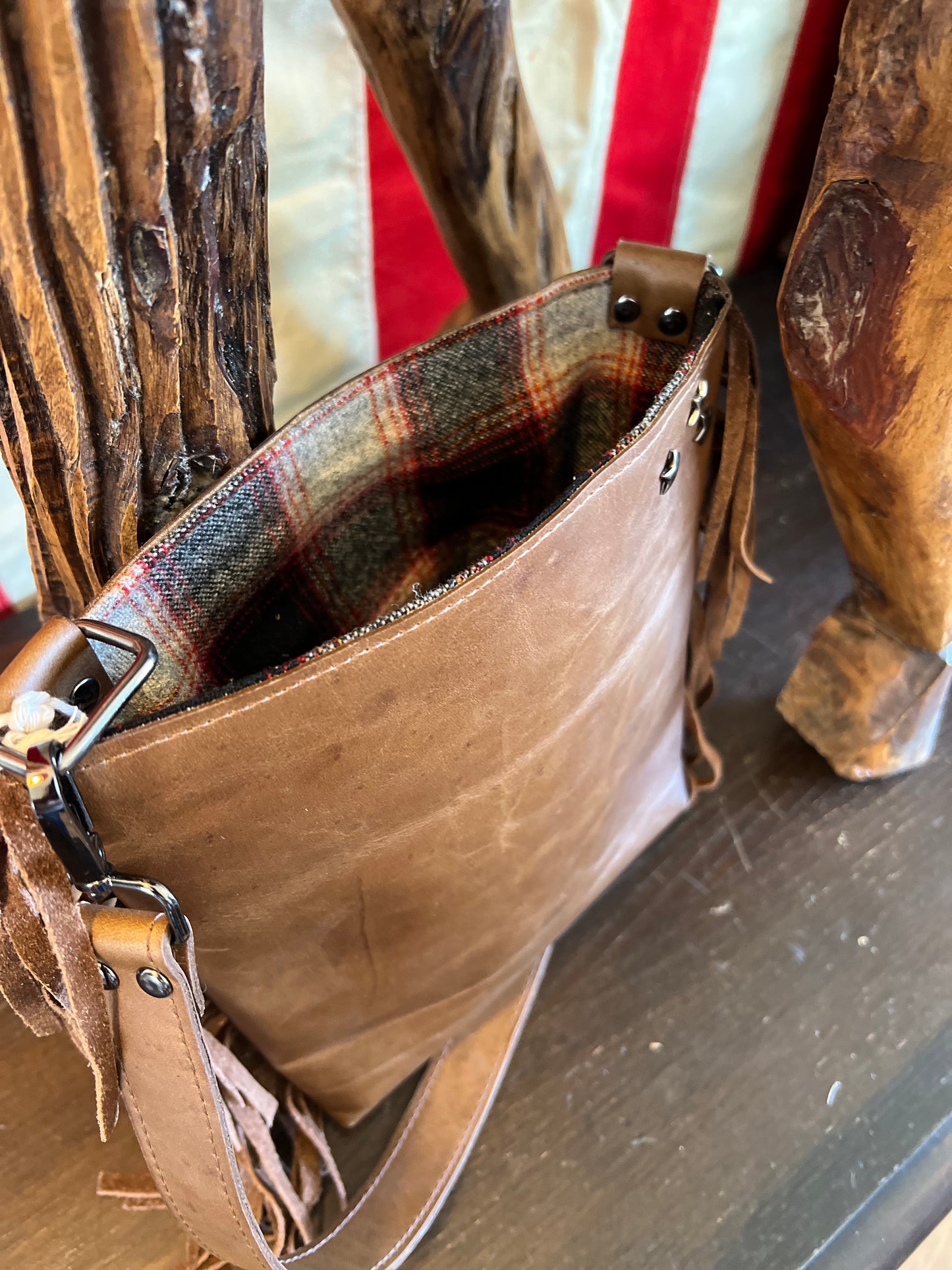 ARROW Leather Fringe Handbag with Plaid Liner