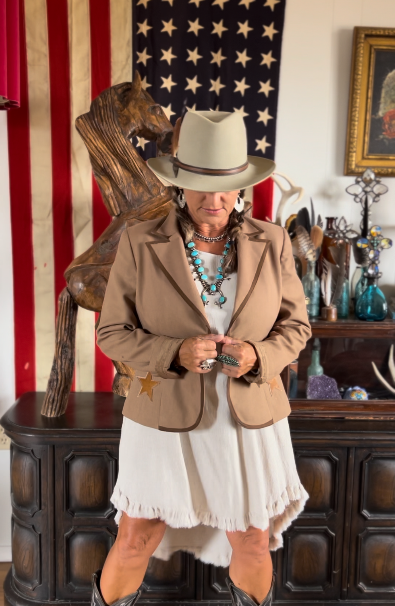 Tan Western I.E. Brand “DESERT BLAZER” with Ornate Leather Patchwork